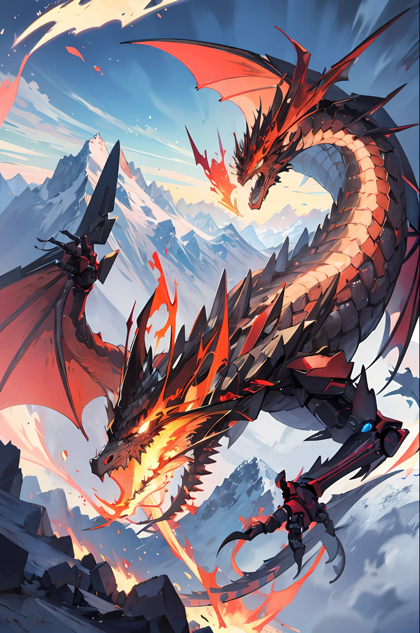 Dragon, robotic, fire wings, mountain, sky