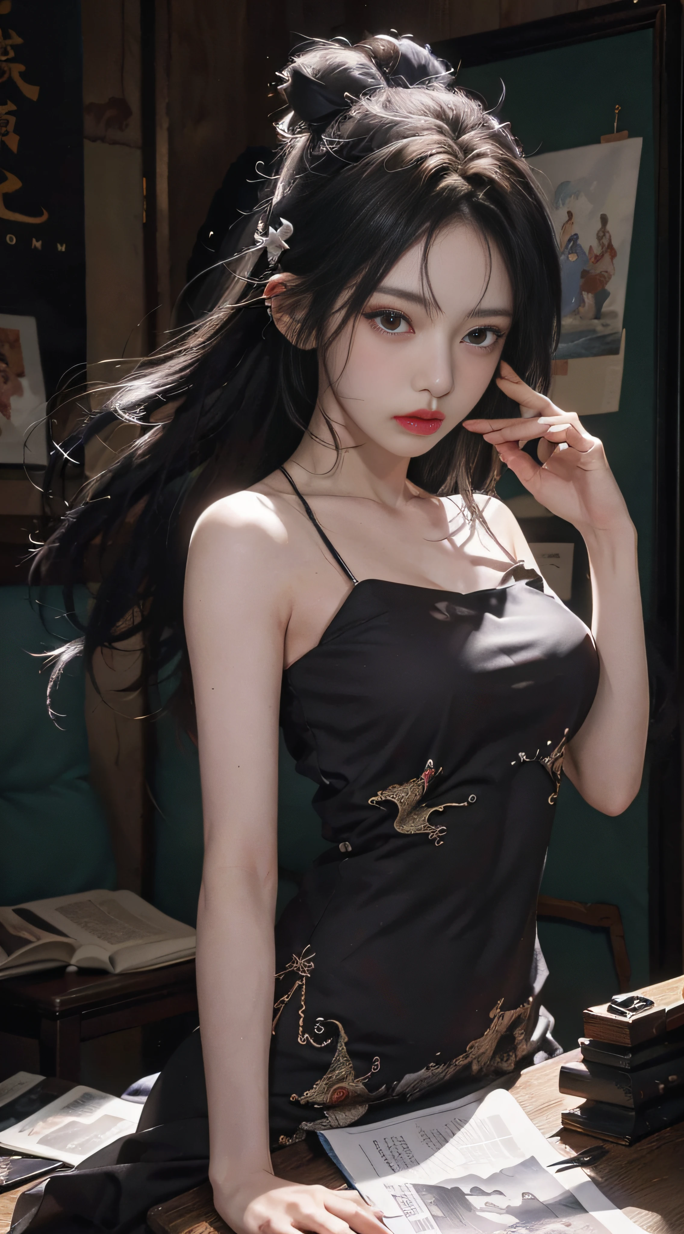 （1girls：1.3）， looking at the spectator，OriginalPhoto，best quailty，nmasterpiece，ultra-high-resolution，（make realistic：1.4），anime posters，1 hand holding a large long knife，two hands，Wear Kung Fu Master Cloth，wave，Traditional Chinese ink style，Girl Dragon Slayer，The main color is red, White, black ink，dynamic movements，dynamicpose，sport，Whole human body：：1 Amazing vectors in oil paintings, enviromentart, the movie， diorama， Complicated details， 独奏， cleavage dress，
