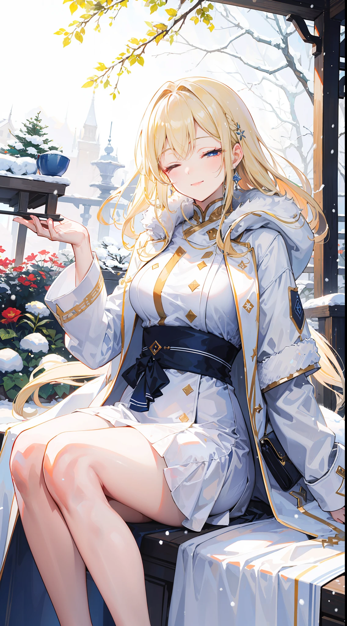 "Epic morning garden atmosphere, stunning 4k artwork featuring a confident mommg long flowing vibrant light-blonde hair. Her eyes is closed. She sitting with smile, and she have powerful mommy aura and wear white snow coat"