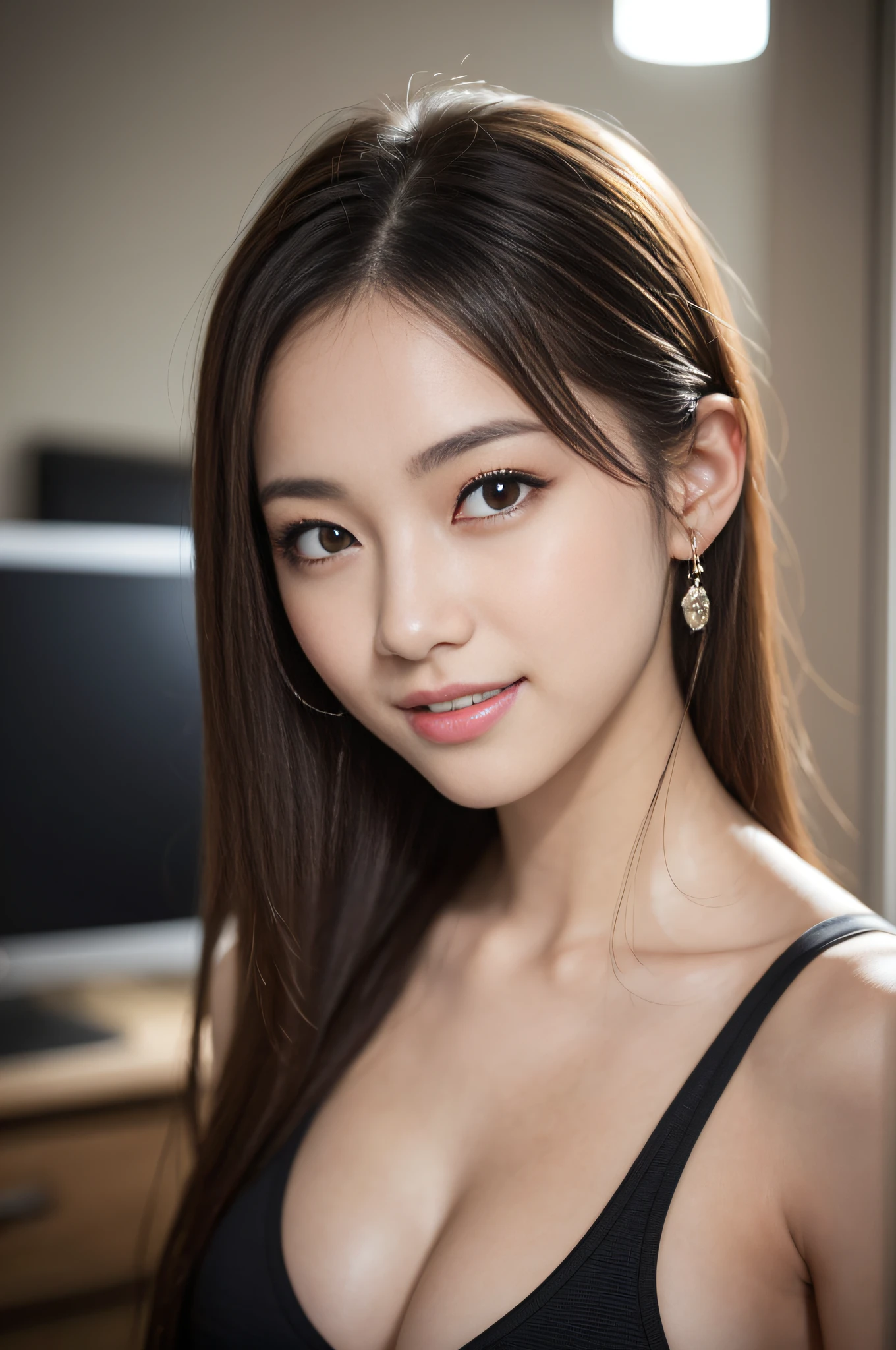 1 female, Close-up of the face、 (Photo Real:1.4), (hyper realisitic:1.4), (realisitic:1.3), (Smooth lighting:1.05), (Improve video lighting quality:0.9), 20 years girl, Realistic lighting, Back lighting, (cheerfulness:1.2), (Improved image quality:1.4), (Finest Real Textured Skins), big eye, Super fine face, A smile, Double eyelids, close up of face, hposing Gravure Idol, glowy skin, selfee, Ray tracing, reflective light, F/1.2, 135 mm, NIKON, img, img, retinas, anatomy correct, ccurate, Super Detail, Textured skin, High Quality, high details, Best quality, high - res, 1080p, hard disk,Beautiful collarbone