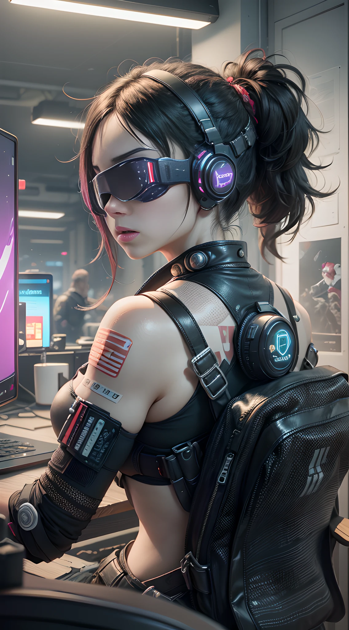 ((Best Quality)), ((Masterpiece)), (Very detailed:1.3), 3D, Beautiful (Cyberpunk:1.3) Female hacker, Mohican hairstyle, back to viewer, thick hair, operating computer terminal, head-mounted display, computer server, LCD screen, fiber optic cable, company logo, HDR (high dynamic range), ray tracing, nvidia RTX, super resolution, Unreal 5, subsurface scattering, PBR texture, post-processing, anisotropic filtering, depth of field, Maximum sharpness and sharpness, multi-layered textures, albedo and highlight maps, surface shading, accurate simulation of light-material interactions, perfect ratios, octane rendering, duotone lighting, low ISO, white balance, rule of thirds, wide aperture, 8K RAW, efficient sub-pixels, subpixel convolution, luminous particles, dynamic pose