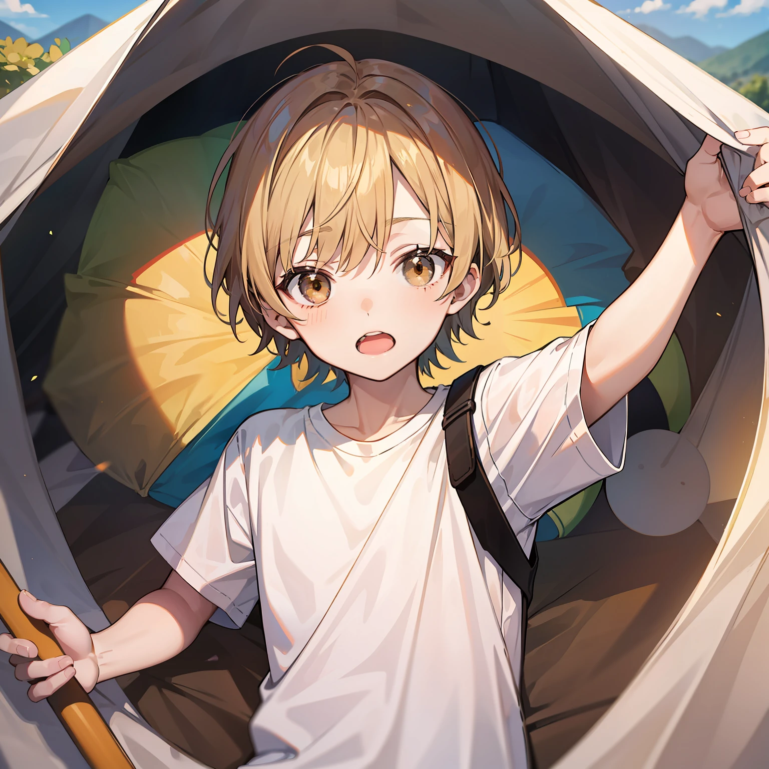 12 year old boy（Relaxed、sun beam、Kind），Short blonde hair，Light brown eyes，White T-shirt，Pitching a tent，tmasterpiece，hightquality
