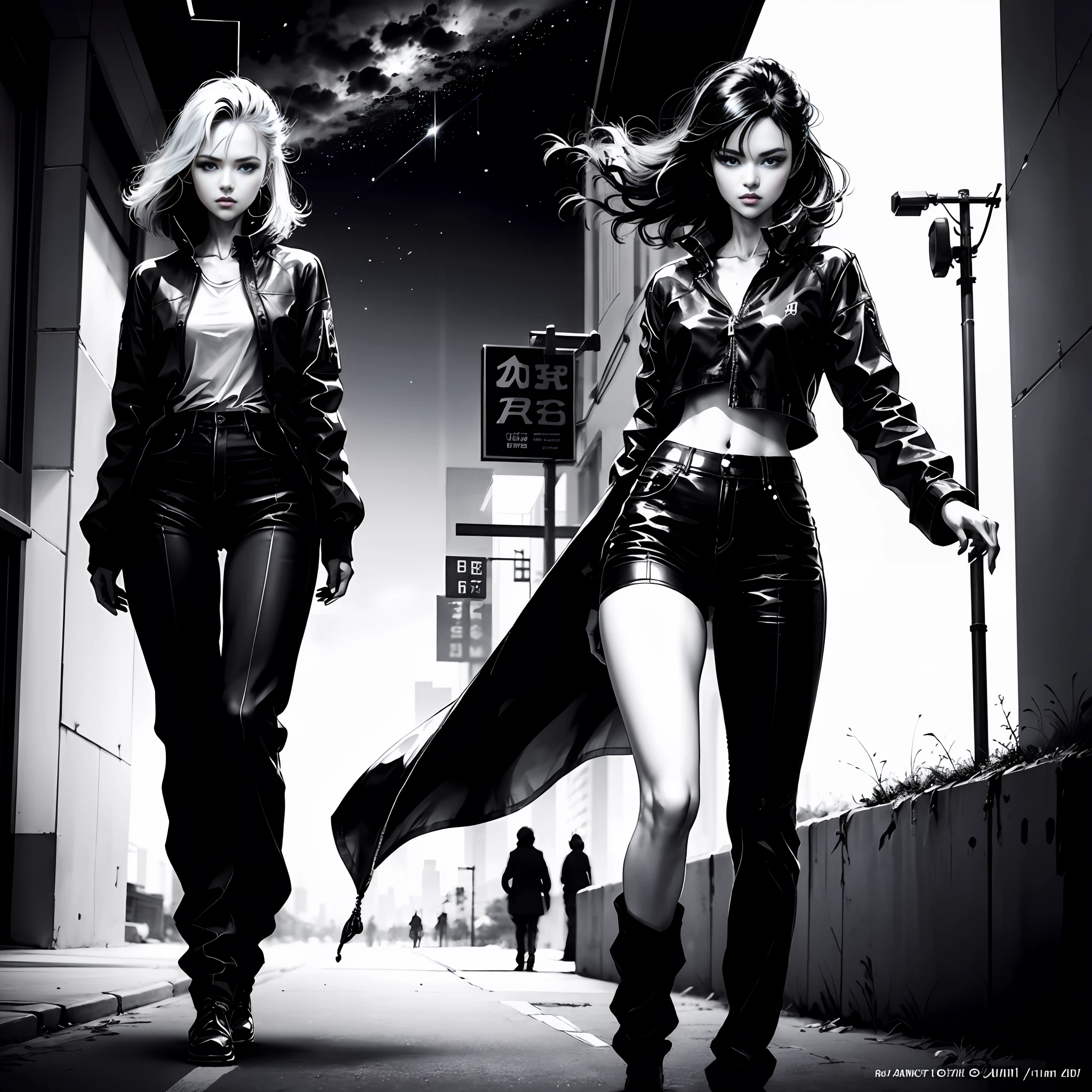 tmasterpiece,Japanese retro black and white manga,Master anime works,Black and white art,line art,Pen drawing art,A beautiful urban female model,Standing under the stars in the empty night,Disappearing transparent pants,fully body pose,walking to a viewer,Tall,Slender legs,Details of face,Detailed body part details,8 k wallpaper