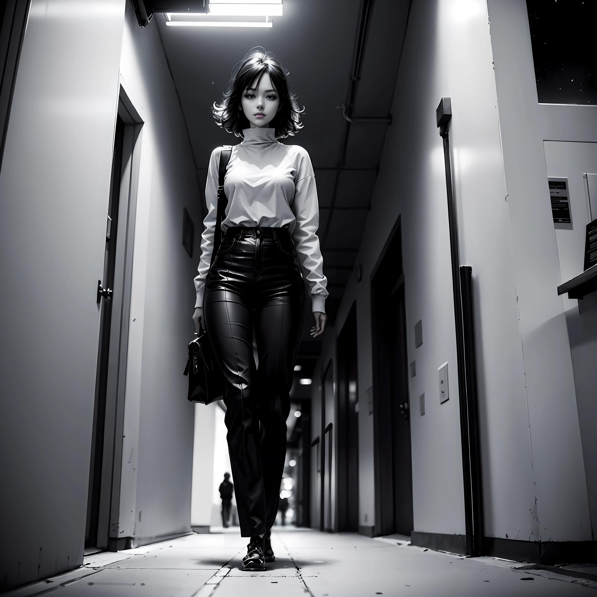tmasterpiece,Japanese retro black and white manga,Master anime works,Black and white art,line art,Pen drawing art,A beautiful urban female model,Standing under the stars in the empty night,Disappearing transparent pants,fully body pose,walking to a viewer,Tall,Slender legs,Details of face,Detailed body part details,8 k wallpaper