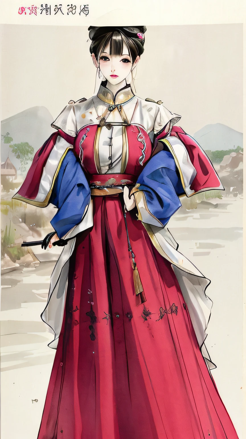 a drawing,One in a dress,Woman in hat and cane, clear outfit design, costume desig, clothing design, clothing design, peasant dress, new costume concept design, inspired by Antonín Slavíček, author:Yanos Vassari, a sketch, Feminine costume, inspired by Stefan Luchian,Chinese landscape painting