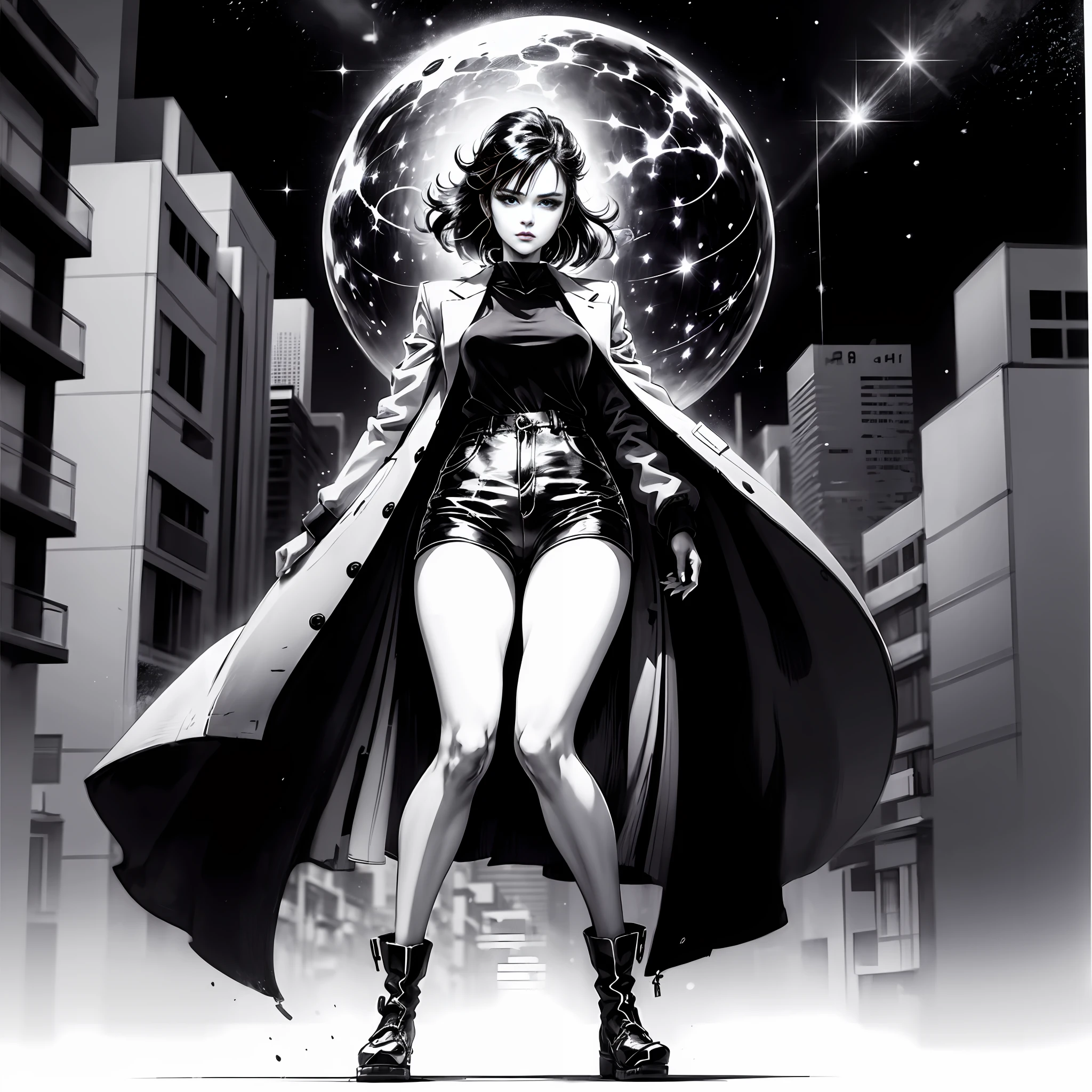 tmasterpiece,Japanese retro black and white manga,Master anime works,Black and white art,line art,Pen drawing art,A beautiful urban female model,Standing under the stars in the empty night,Disappearing transparent pants,fully body pose,walking to a viewer,Tall,Slender legs,Details of face,Detailed body part details,8 k wallpaper