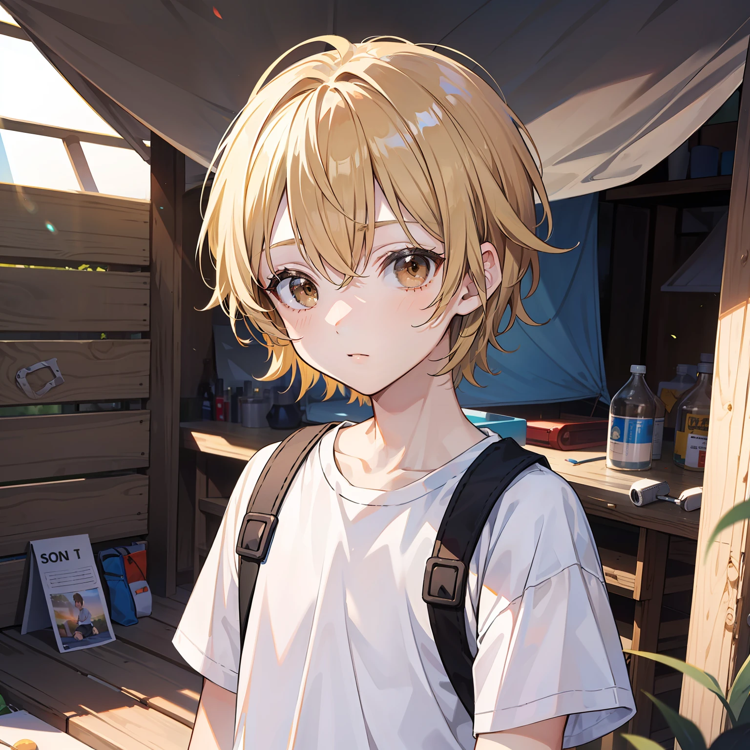 12 year old boy(Relaxed、sun beam、Kind),Short blonde hair,Light brown eyes,White T-shirt,Pitching a tent,tmasterpiece,hightquality