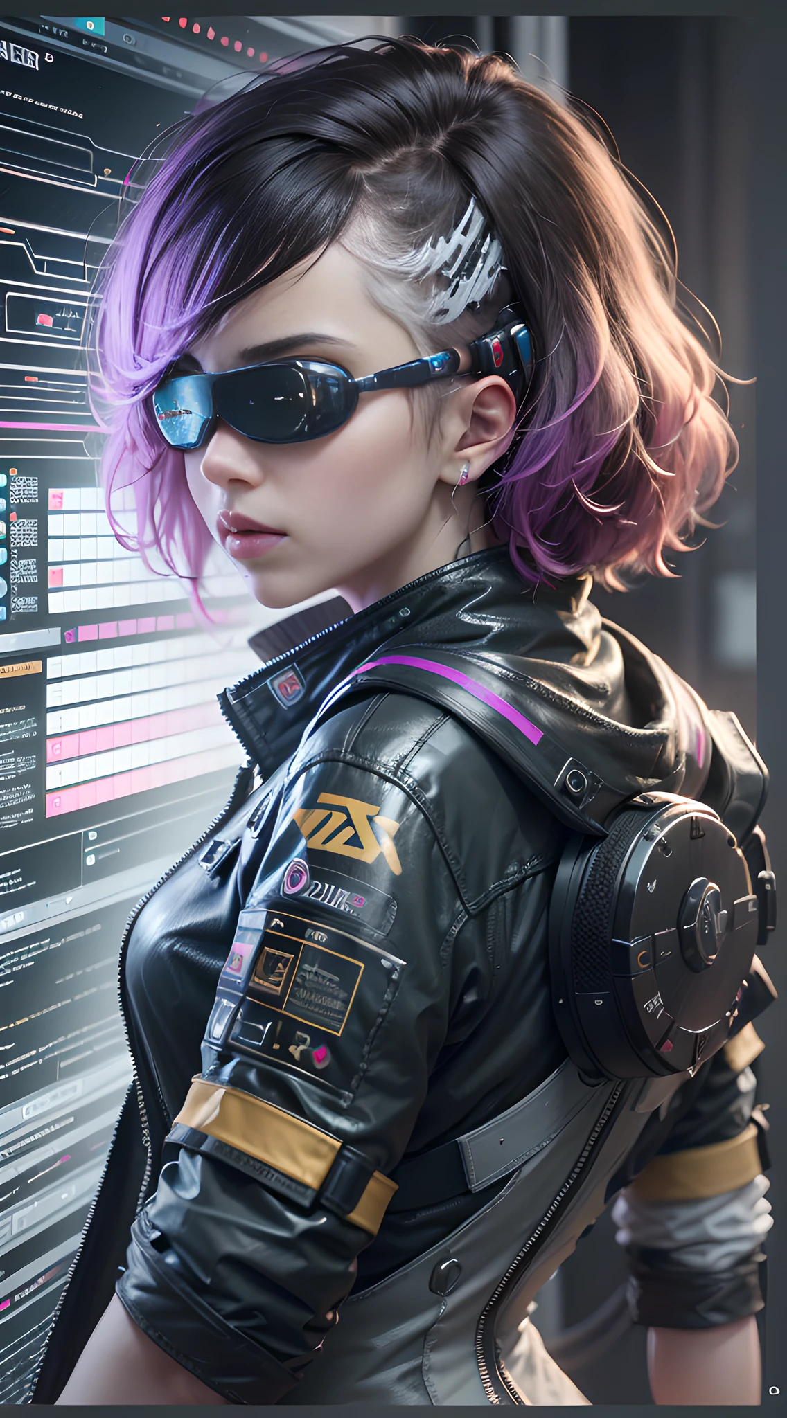 ((Best Quality)), ((Masterpiece)), (Very detailed:1.3), 3D, Beautiful (Cyberpunk:1.3) Female hacker, Mohican hairstyle, back to viewer, thick hair, operating computer terminal, head-mounted display, computer server, LCD screen, fiber optic cable, company logo, HDR (high dynamic range), ray tracing, nvidia RTX, super resolution, Unreal 5, subsurface scattering, PBR texture, post-processing, anisotropic filtering, depth of field, Maximum sharpness and sharpness, multi-layered textures, albedo and highlight maps, surface shading, accurate simulation of light-material interactions, perfect ratios, octane rendering, duotone lighting, low ISO, white balance, rule of thirds, wide aperture, 8K RAW, efficient sub-pixels, subpixel convolution, luminous particles, dynamic pose