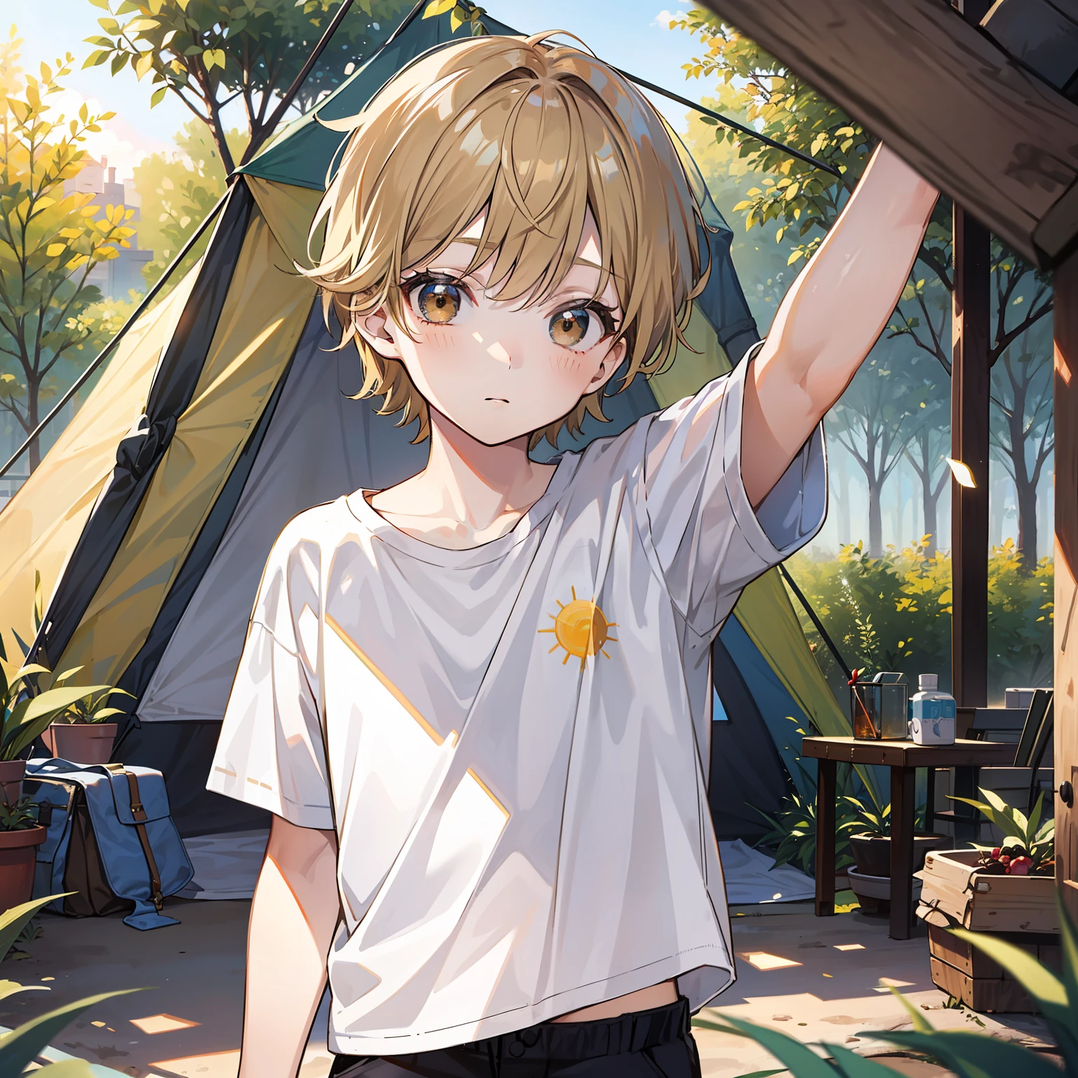 12 year old boy(Relaxed、sun beam、Kind),Short blonde hair,Light brown eyes,White T-shirt,Pitching a tent,tmasterpiece,hightquality