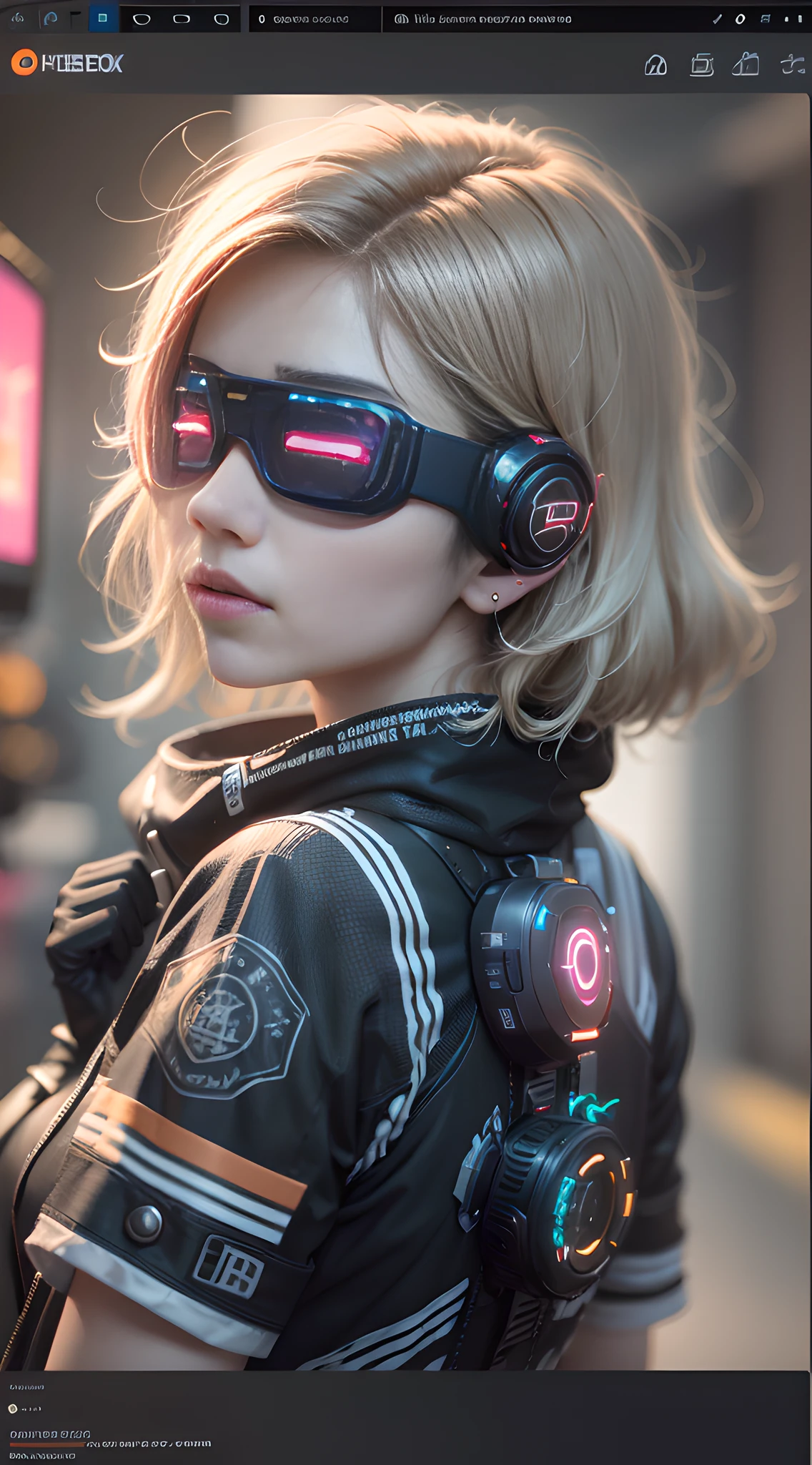 ((Best Quality)), ((Masterpiece)), (Very detailed:1.3), 3D, Beautiful (Cyberpunk:1.3) Female hacker, Mohican hairstyle, back to viewer, thick hair, operating computer terminal, head-mounted display, computer server, LCD screen, fiber optic cable, company logo, HDR (high dynamic range), ray tracing, nvidia RTX, super resolution, Unreal 5, subsurface scattering, PBR texture, post-processing, anisotropic filtering, depth of field, Maximum sharpness and sharpness, multi-layered textures, albedo and highlight maps, surface shading, accurate simulation of light-material interactions, perfect ratios, octane rendering, duotone lighting, low ISO, white balance, rule of thirds, wide aperture, 8K RAW, efficient sub-pixels, subpixel convolution, luminous particles, dynamic pose