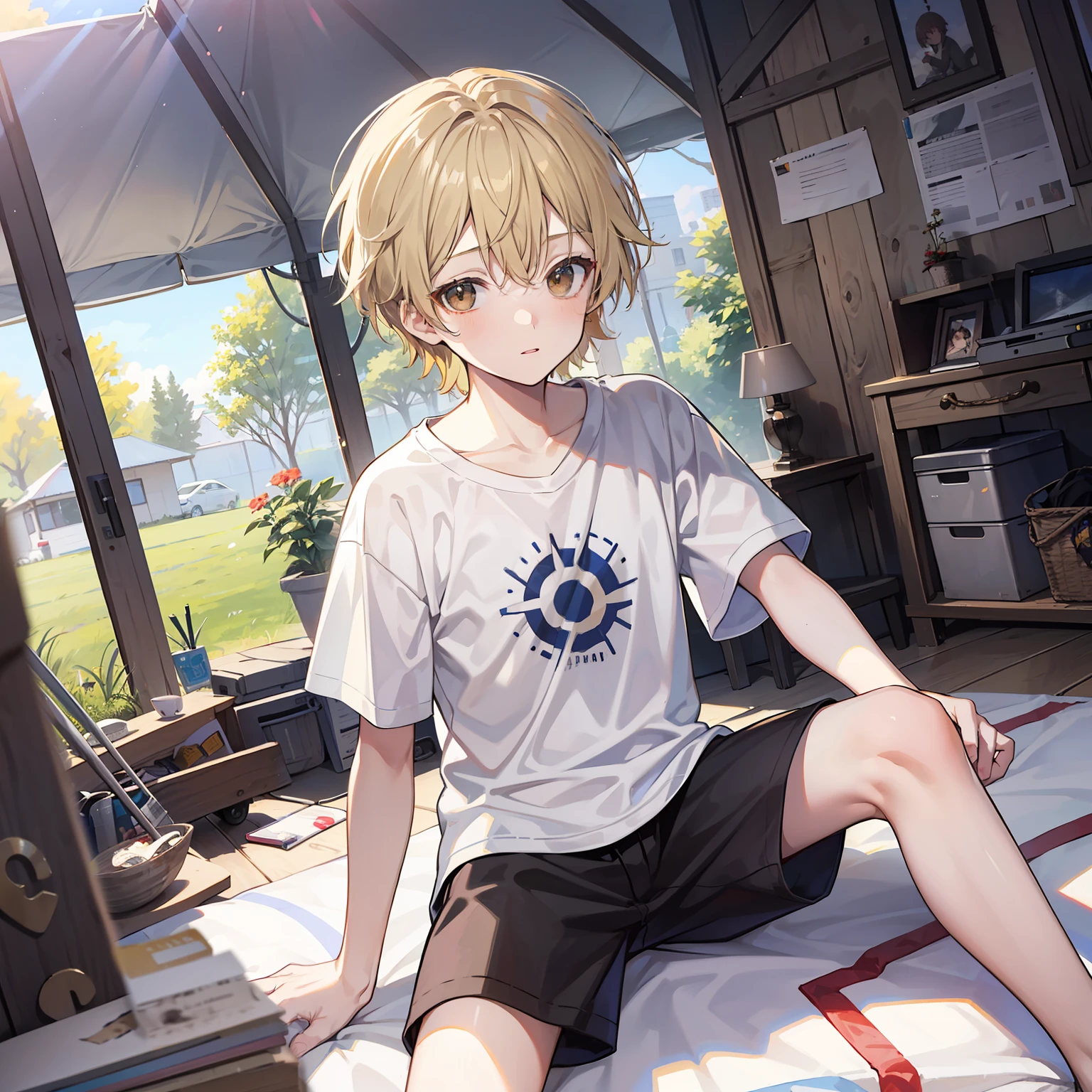 12 year old boy(Relaxed、sun beam、Kind),Short blonde hair,Light brown eyes,White T-shirt,Pitching a tent,tmasterpiece,hightquality