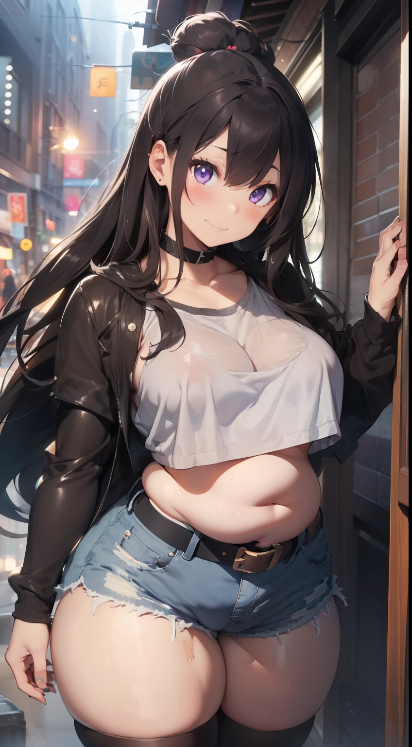 Masterpiece, high quality, best quality, beautiful, HD, perfect lighting, detailed face, detailed body, ((1girl)), ((solo)), long black hair, (fluffy hair), flowing hair, purple eyes, confitent smile, blush, ((black crop top)), ((shorts)), thigh highs, choker, belt across hip, (((small ))), cleavage, perky , she is bottom-heavy, ((((wide )))), (((((thick thighs))))), ((((chubby)))), fat rolls, ((tummy bulge)), ((belly bulge over belt)), ((belly hang)), night time, she has gained weight, street, buildings, city