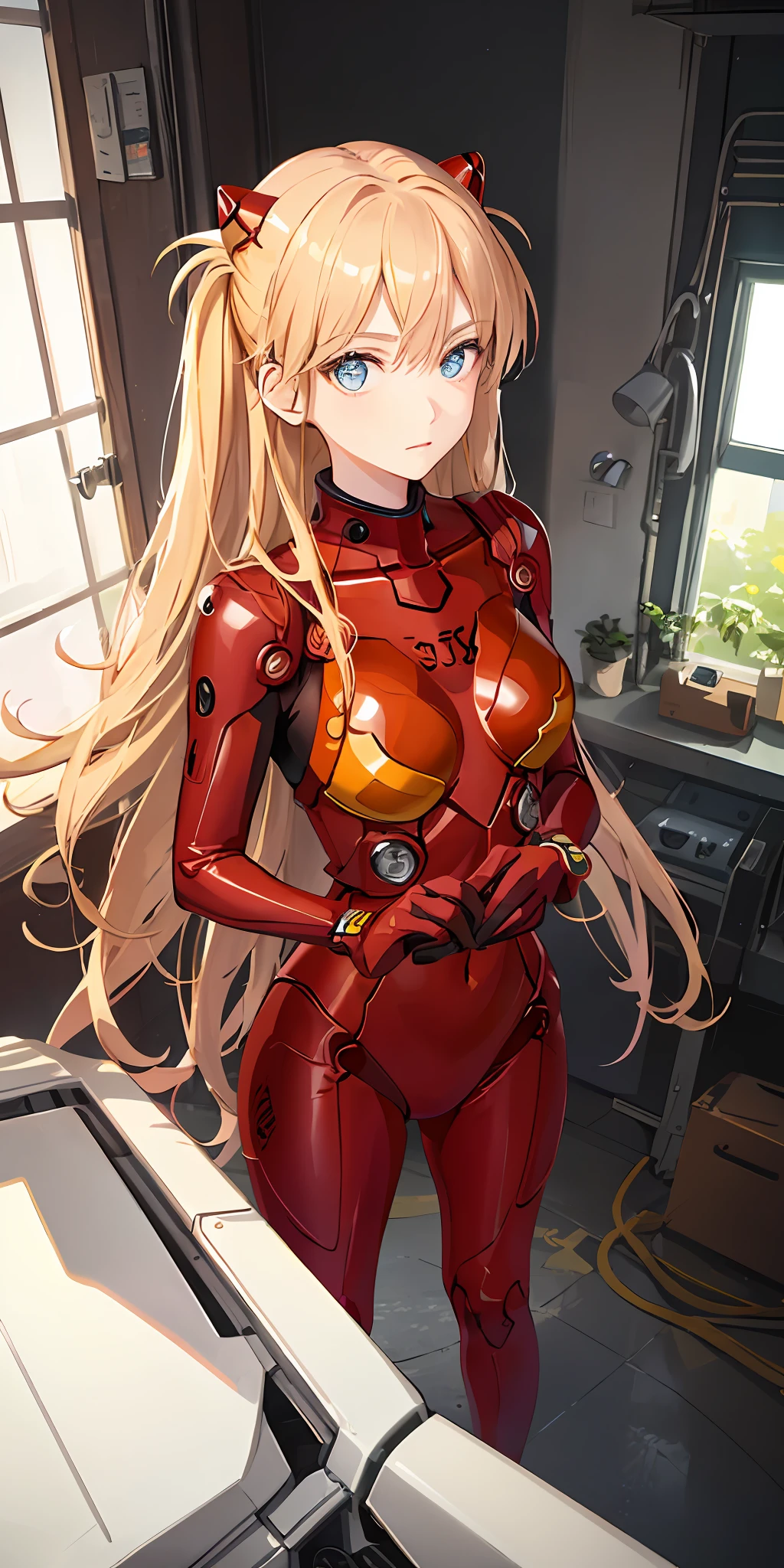 (Overhead view),dynamic angle,ultra-detailed, illustration, close-up, straight on, 1girl, 
 ((souryuu asuka langley, interface headset, red bodysuit:1.4, blonde)),Her eyes shone like dreamy stars,(glowing eyes:1.233),(beautiful and detailed eyes:1.1),(expressionless,closed mouth),(standing), 
(mechanic room with toolsand spaceship windowin a white SPACESHIP),
(night:1.2),dreamy, [[delicate fingers and hands:0.55]::0.85],(detail fingers),