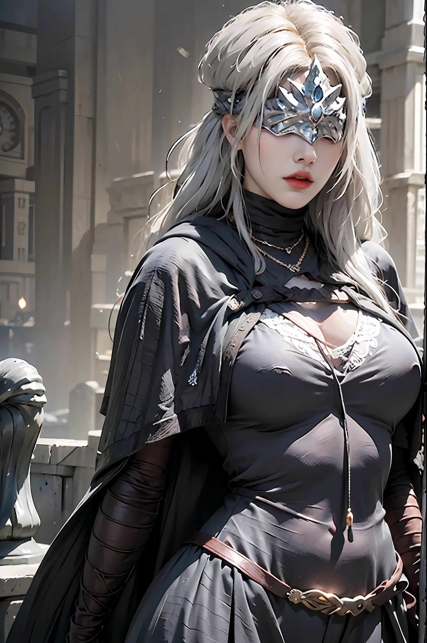 photorealistic, high resolution, 1 girl, hips up, white hair, eye mask, covered eyes, cape, cloak, jewelry, black dress, capelet, bandaged_arm, dark, dimmed, hdr, vignette, grimy, [[slate atmosphere], blindfirekeeper