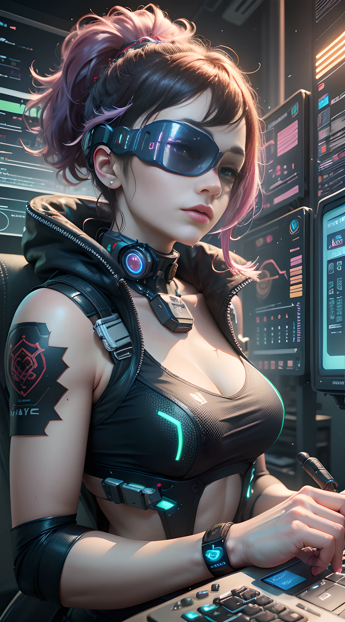 ((Best Quality)), ((Masterpiece)), (Very detailed:1.3), 3D, Beautiful (Cyberpunk:1.3) Female hacker, Mohican hairstyle, back to viewer, thick hair, operating computer terminal, head-mounted display, computer server, LCD screen, fiber optic cable, company logo, HDR (high dynamic range), ray tracing, nvidia RTX, super resolution, Unreal 5, subsurface scattering, PBR texture, post-processing, anisotropic filtering, depth of field, Maximum sharpness and sharpness, multi-layered textures, albedo and highlight maps, surface shading, accurate simulation of light-material interactions, perfect ratios, octane rendering, duotone lighting, low ISO, white balance, rule of thirds, wide aperture, 8K RAW, efficient sub-pixels, subpixel convolution, luminous particles, dynamic pose