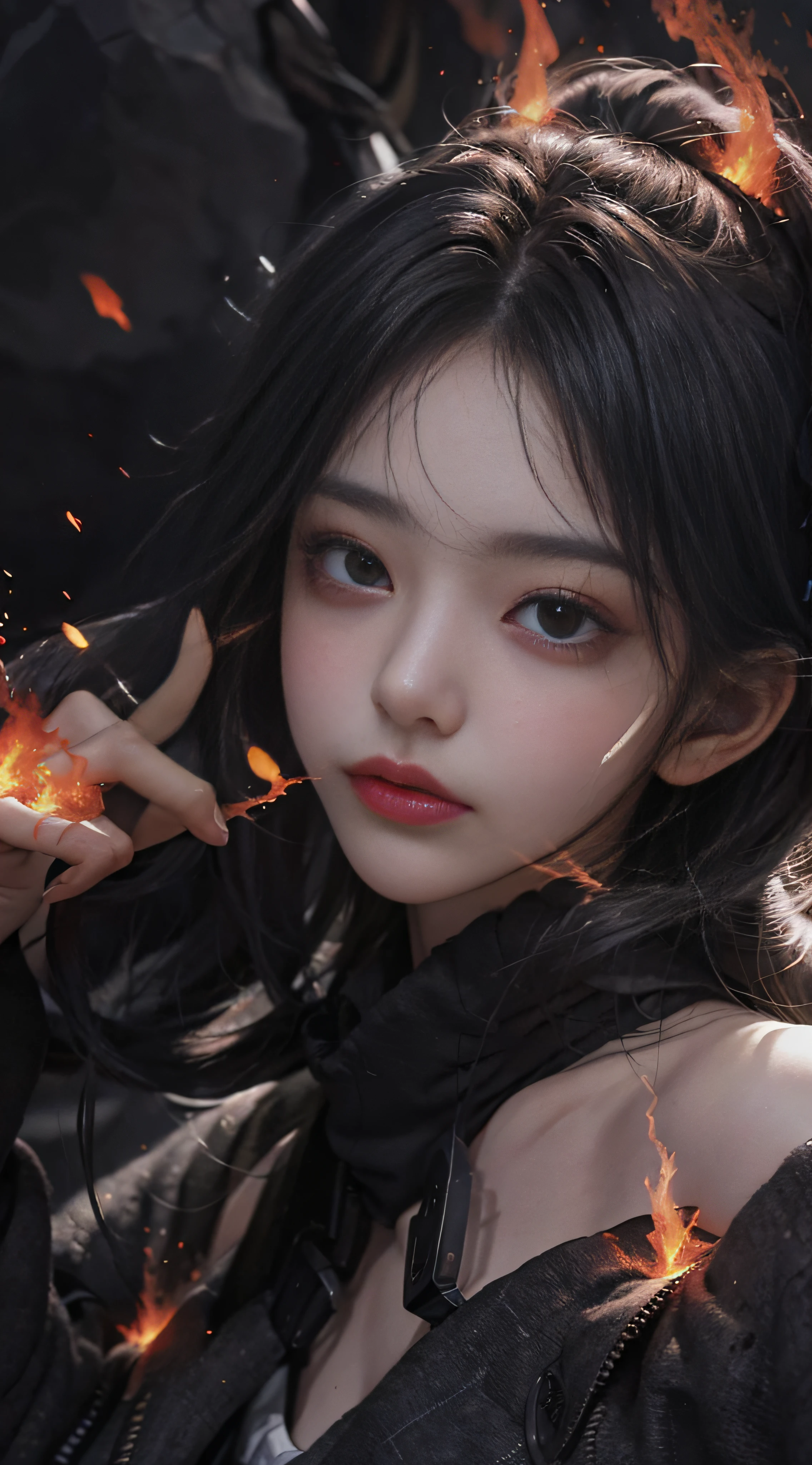 (1girls:1.3), looking at the spectator,Ethereal power,firey,vaporous,Magma in the background,red tone,A volcano,Ethereal atmosphere,