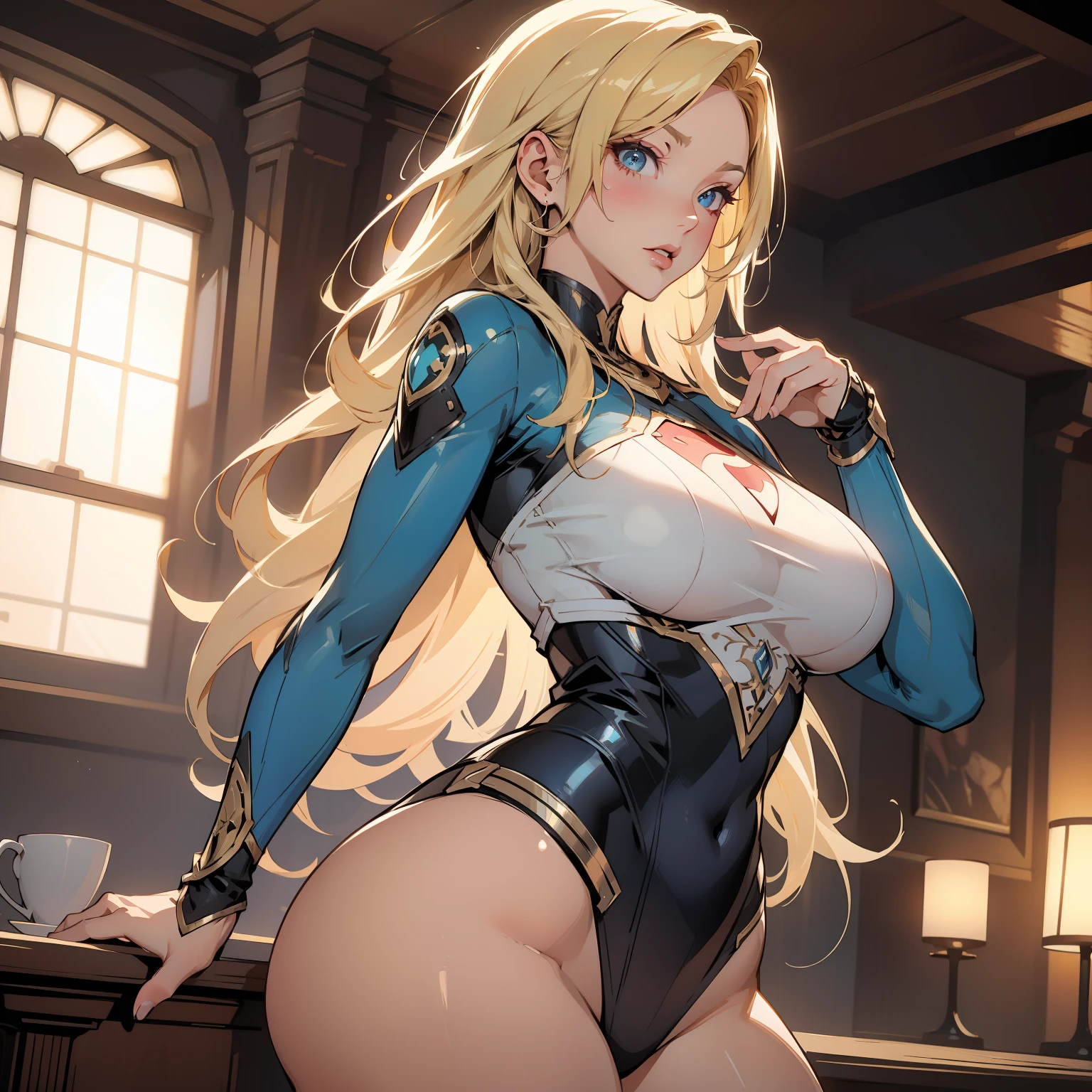 Masterpiece: 1.2, best quality, realistic, (real image, intricate details, depth of field), beautiful blonde woman, she has stunning blue eyes, highly detailed, perfect face, (huge breasts: 1.3), (skin dentition), thick thighs, wide hips, small waist, tall, (huge ass: 1.1), blushing, sexy, nijistyle, colorful, superhero bodysuit