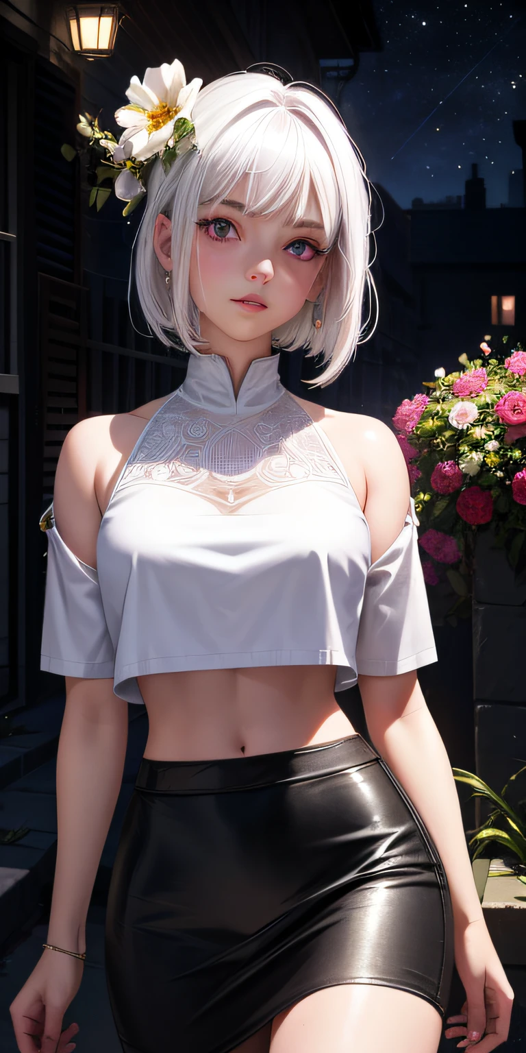 realistic, 1girl, white hair, purple eyes, glowing eyes, crop top, skirt, parted lips, blush, night, flowers, sun, sunlight,