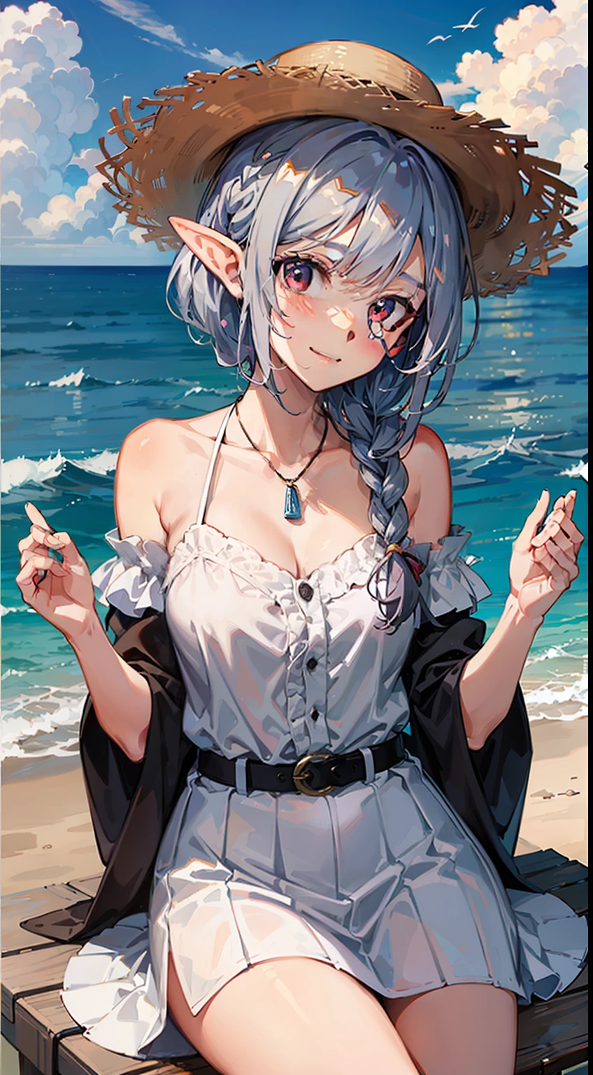 ((Put your hands on your hat)), ((Raise both hands)), ((Overlooking the sea)), 1 Close-up of a girl, elvish, has silver hair, Red Eyes, bob cuts, Braided hair, summer dress, White Dress, Camisole, long skirt, frilld, a straw fedora hat, Laughing, A smile, Seaside city, concept-art, beautiful anime scene, Beautiful anime scenery, beste-Qualit, masterpiece