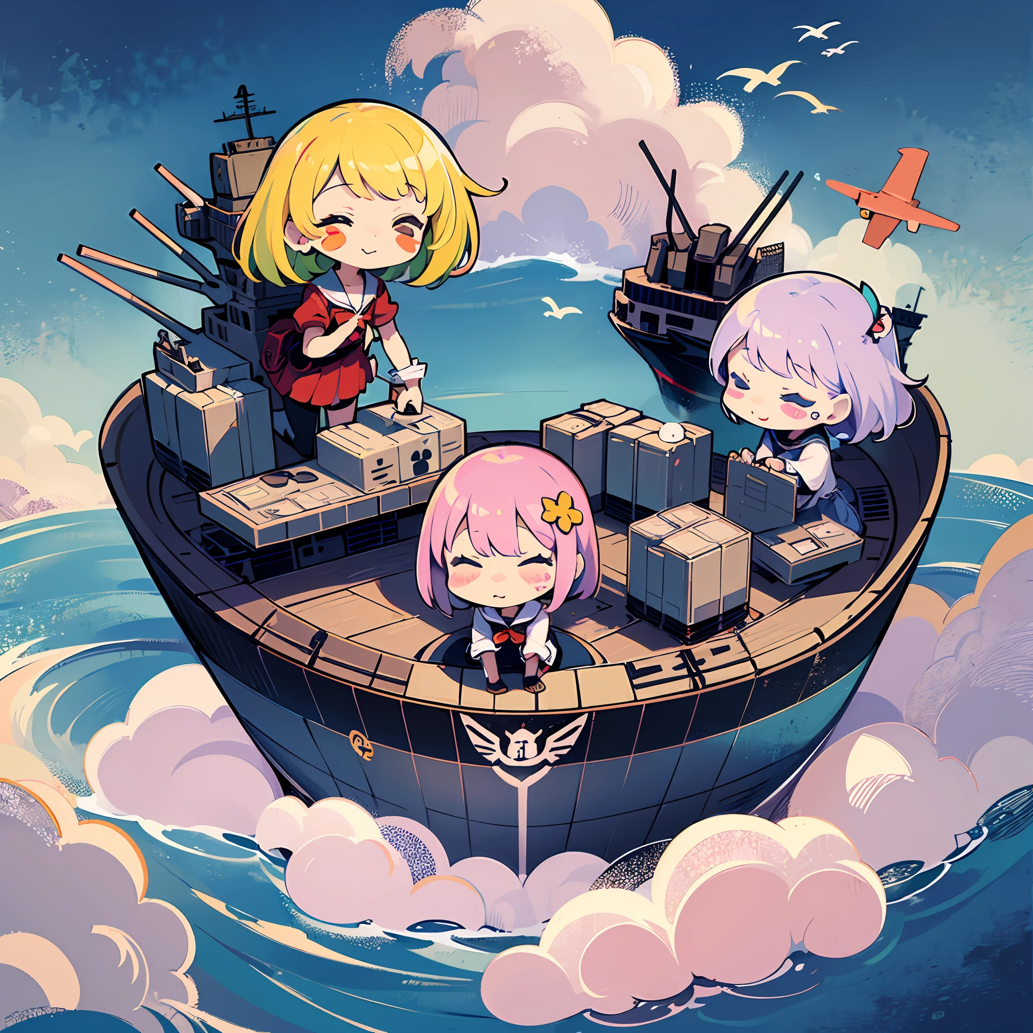 ((a sticker:1.5)))、((Chibi Chara))、(((Air carrier)))、((warships))、Above the sea、Large ships、1girl in、Strongest、Chibi Chara、fullllbody、Pastel colors hair、Fairy tale、Fantastical、masuter piece、beste-Qualit、high-level image quality