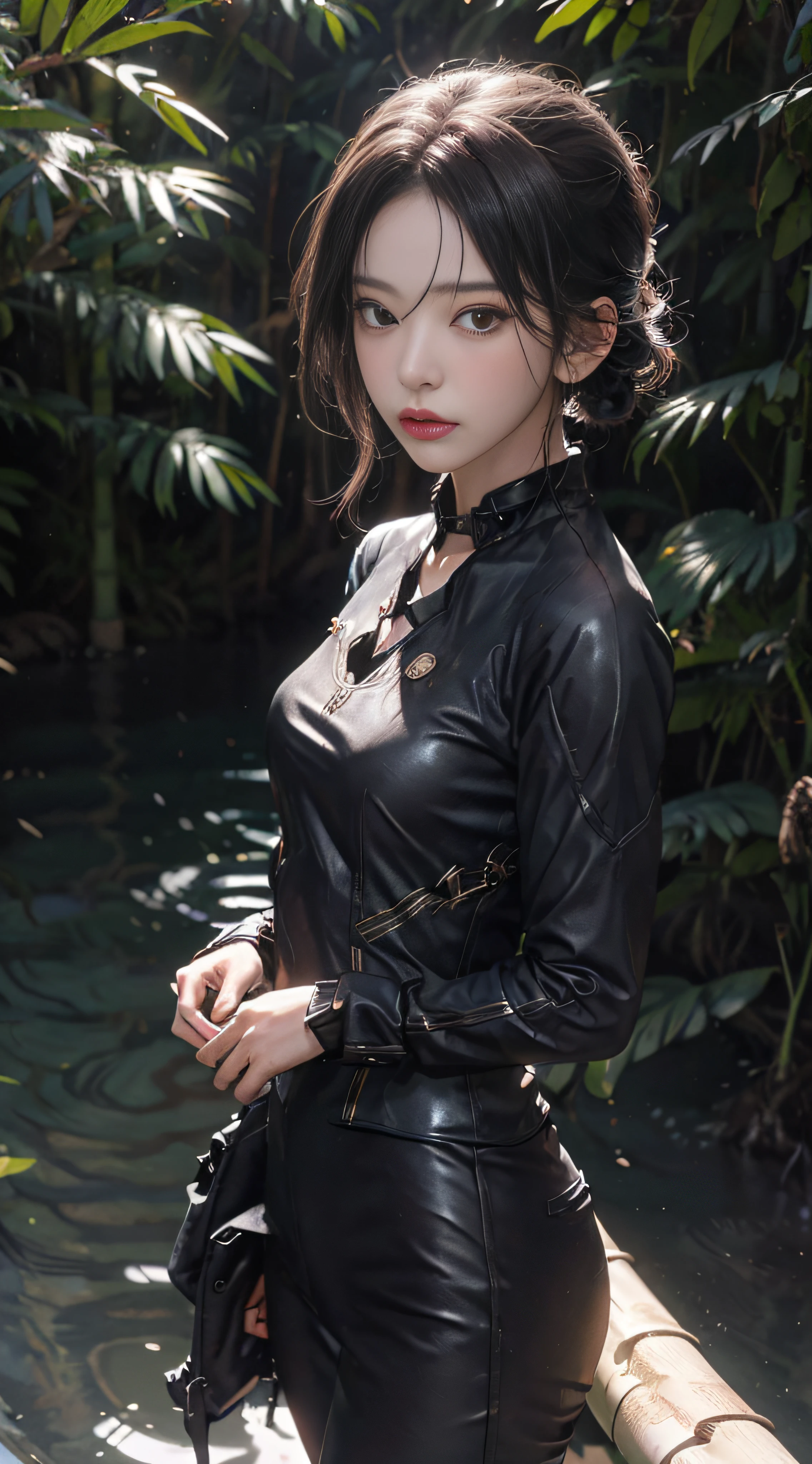 （1girl：1.3）， looking at the spectator， steampunk suit，On the side of the bamboo forest, on the wet wooden bridge after the rain，It looks extra relaxing，field of depth，nmasterpiece，best quailty，3d，make realistic，