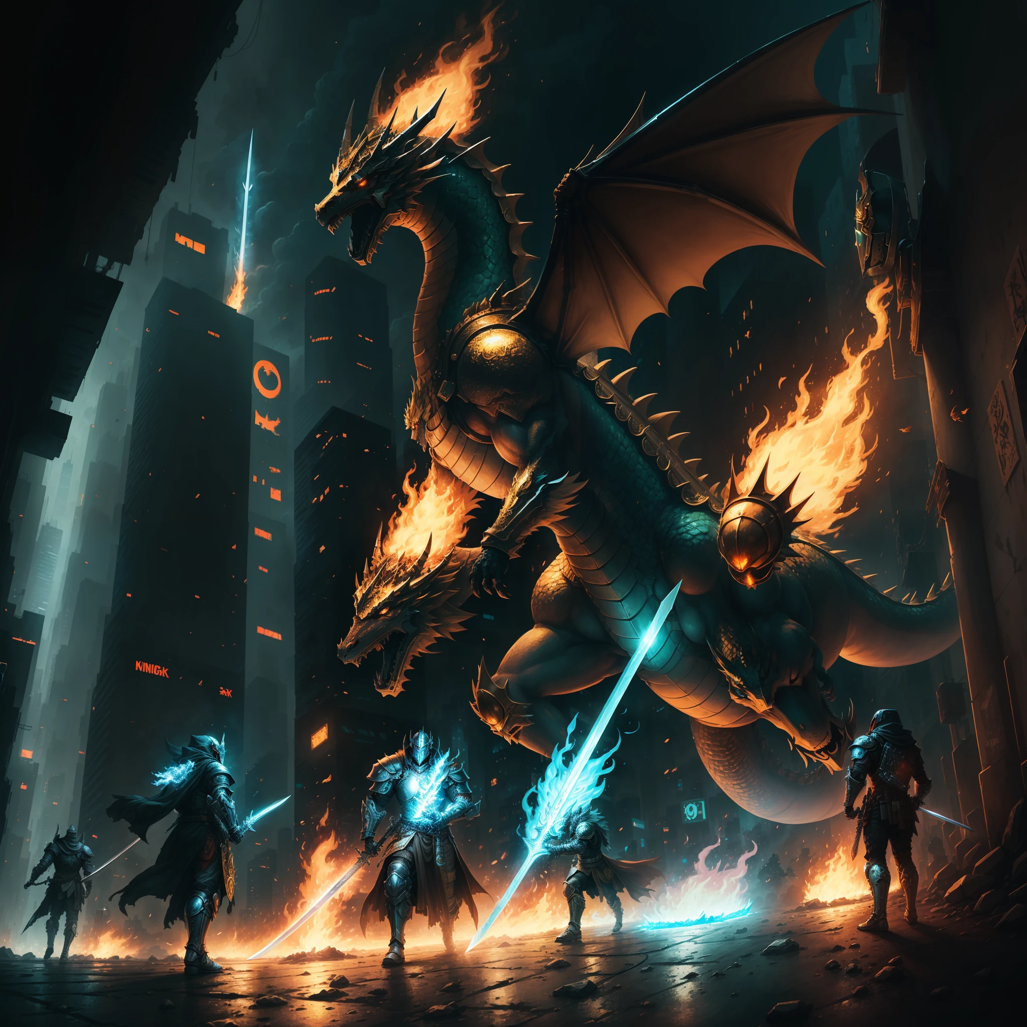One holds a sword where ice meets fire,A warrior in golden armor,Riding a golden dragon,Fly in the sky,The dragon is breathing fire,Knights with swords in battle against cyberpunk armies inside Cyberpunk City --auto