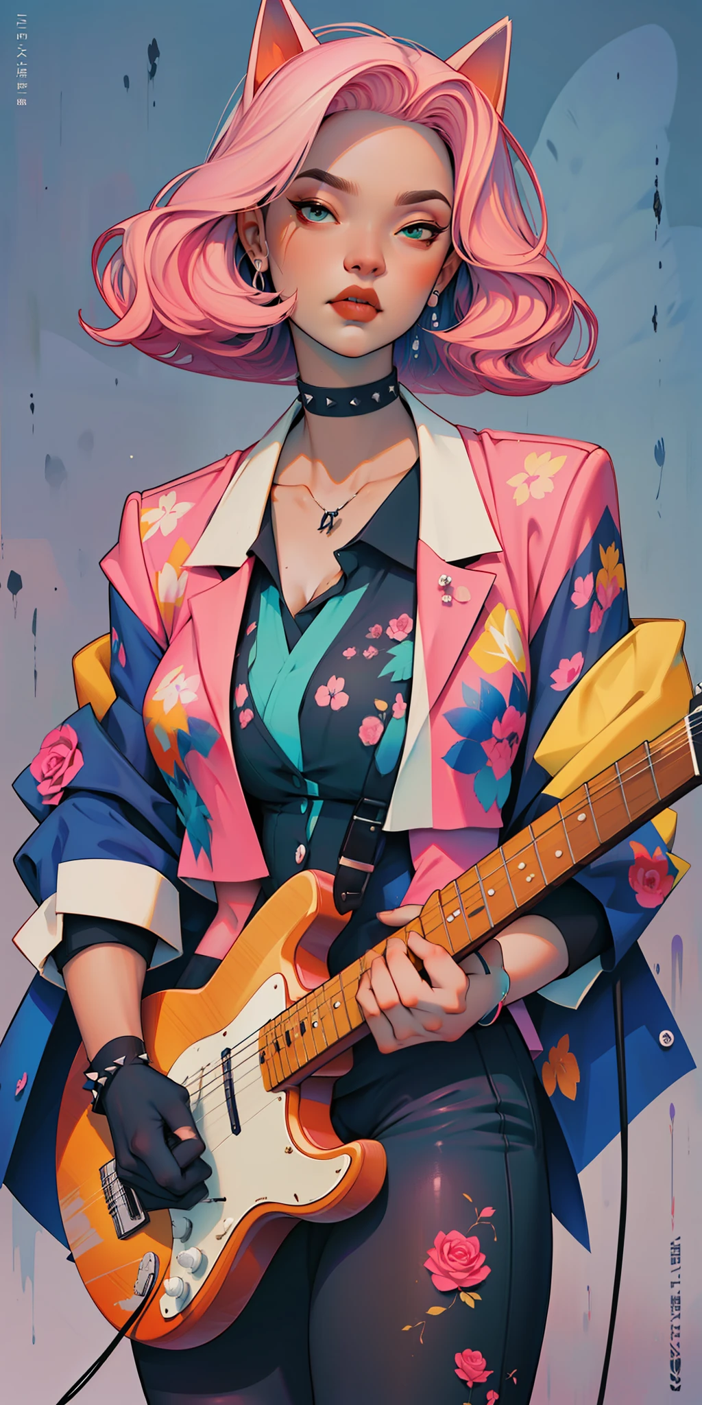 Background, In chic boho style, in club, Ice cream print, multi-colored neon lights, neon garlands, rose hair, mixed-language_SMS, Japanese, (beautiful and clear background:1.2),, fantastic paintings ,graffit style, highly detail eyes , underwear, lace, latex, Pink, Purple, mint, Blue, Yellow, belve, lavender hair, Skull Print, body piercings, Loving, Love, ultra detail hair, Masterpiece, Best Quality, hiquality, hight resolution, detail enhancement, ((most beautiful image in the world)), Masterpiece, Best Quality, hiquality, hight resolution, detail enhancement, ((most beautiful image ), Shiny pink degrade hair, Ultra Short Fitted Stampa, art by stjepan sejic, art by j scott campbell, Artist Guillem March, art by citemer liu, 4k, hight resolution, comic book character, comic, high quality detailed,   style of ::2.0 comix illustration style,tatoon style, hiquality, hight resolution, detail enhancement, 8K, HD, Best Quality, hiquality, hight resolution, detail enhancement, 8K, HDR, sharp-focus, Ultra Detailed, perfect  lighting, Curvy Body, Lush breasts, Curvy hips, skull print on clothes, rock, rock star, Cool,black leather jacket with skull print, style of, spikes, Punk Rock, Wolf, Cat's ears, Cool bracelets, Choker, calavera, gotik, tight-fitting tights in a mesh,  (((plays the guitar))) plays the electric guitar, Plays, electric guitar, musician, guitarist, neon strings, virtuoso, Angel, feathers, cacti,  Succulents,