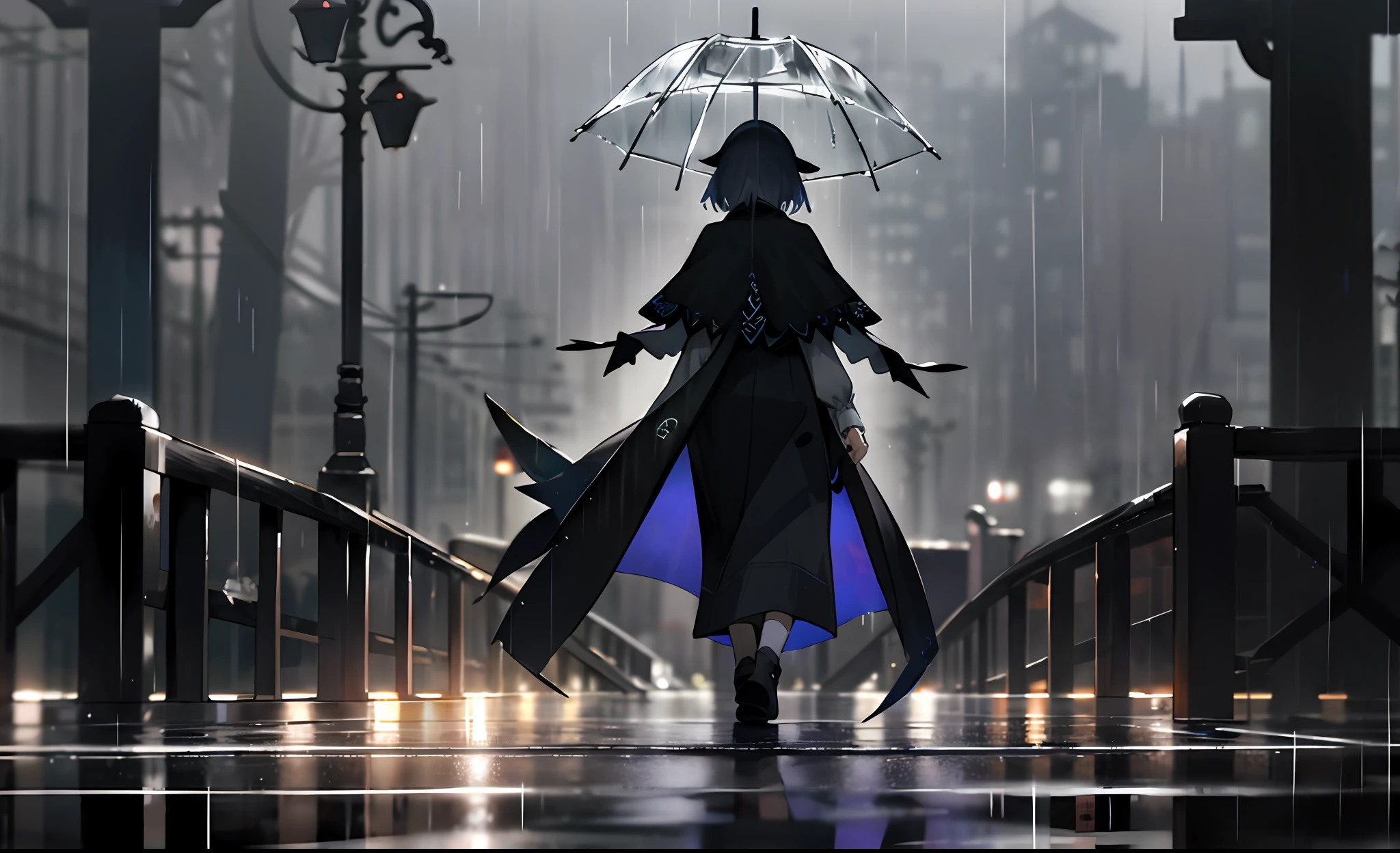 rainy evening,wind coat,Back Shadow,4K,8K,oras,A small amount of light,Can't see the physiognomy,wide wide shot,Cover the whole body,black capelet,Rain,sad,dreary,Pedestrians hurry,bblurry,Slender,Fine,mtu,shoun