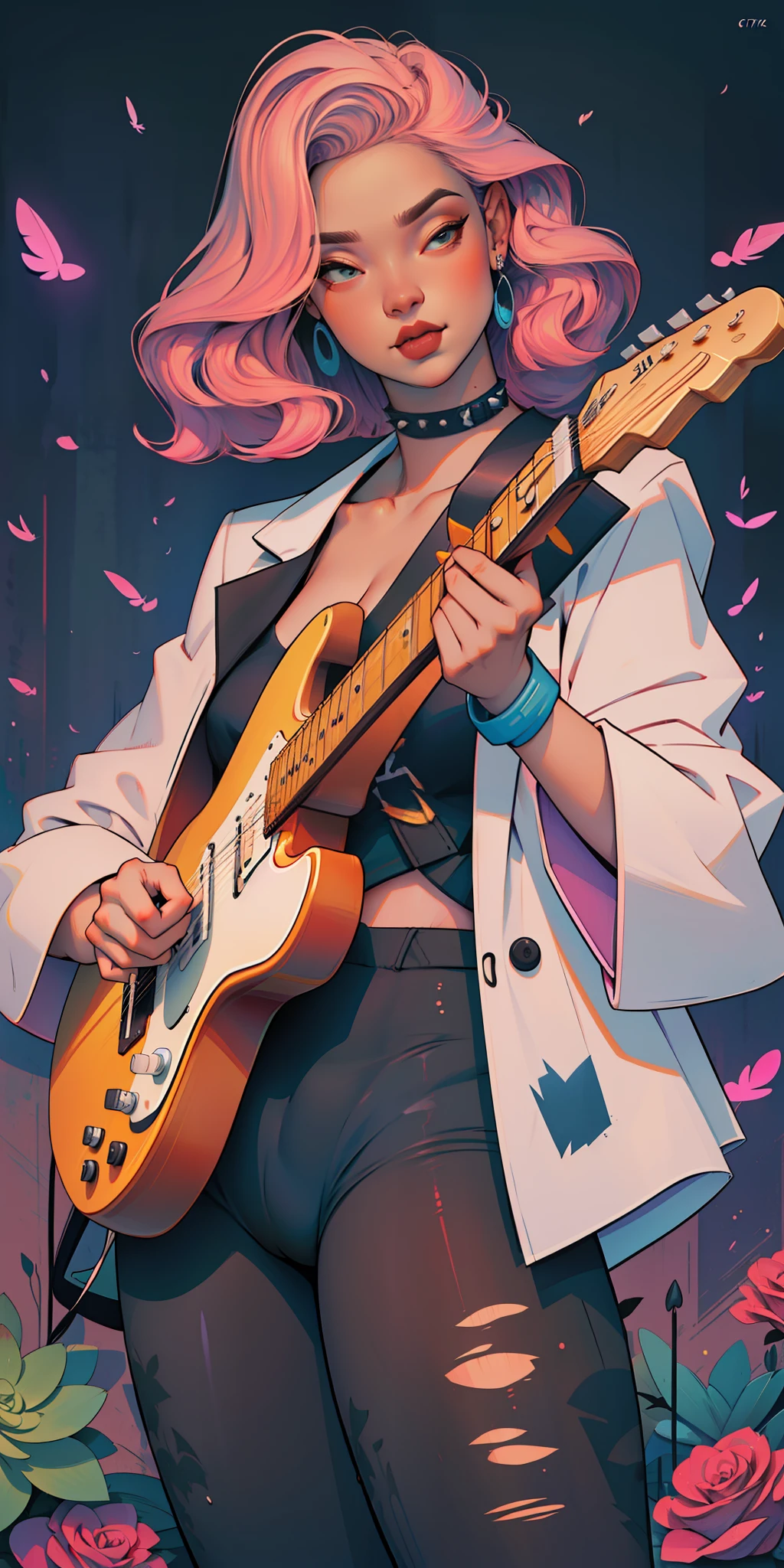 Background, In chic boho style, in club, Ice cream print, multi-colored neon lights, neon garlands, rose hair, mixed-language_SMS, Japanese, (beautiful and clear background:1.2),, fantastic paintings ,graffit style, highly detail eyes , underwear, lace, latex, Pink, Purple, mint, Blue, Yellow, belve, lavender hair, Skull Print, body piercings, Loving, Love, ultra detail hair, Masterpiece, Best Quality, hiquality, hight resolution, detail enhancement, ((most beautiful image in the world)), Masterpiece, Best Quality, hiquality, hight resolution, detail enhancement, ((most beautiful image ), Shiny pink degrade hair, Ultra Short Fitted Stampa, art by stjepan sejic, art by j scott campbell, Artist Guillem March, art by citemer liu, 4k, hight resolution, comic book character, comic, high quality detailed,   style of ::2.0 comix illustration style,tatoon style, hiquality, hight resolution, detail enhancement, 8K, HD, Best Quality, hiquality, hight resolution, detail enhancement, 8K, HDR, sharp-focus, Ultra Detailed, perfect  lighting, Curvy Body, Lush breasts, Curvy hips, skull print on clothes, rock, rock star, Cool,black leather jacket with skull print, style of, spikes, Punk Rock, Wolf, Cat's ears, Cool bracelets, Choker, calavera, gotik, tight-fitting tights in a mesh,  (((plays the guitar))) plays the electric guitar, Plays, electric guitar, musician, guitarist, neon strings, virtuoso, Angel, feathers, cacti,  Succulents,