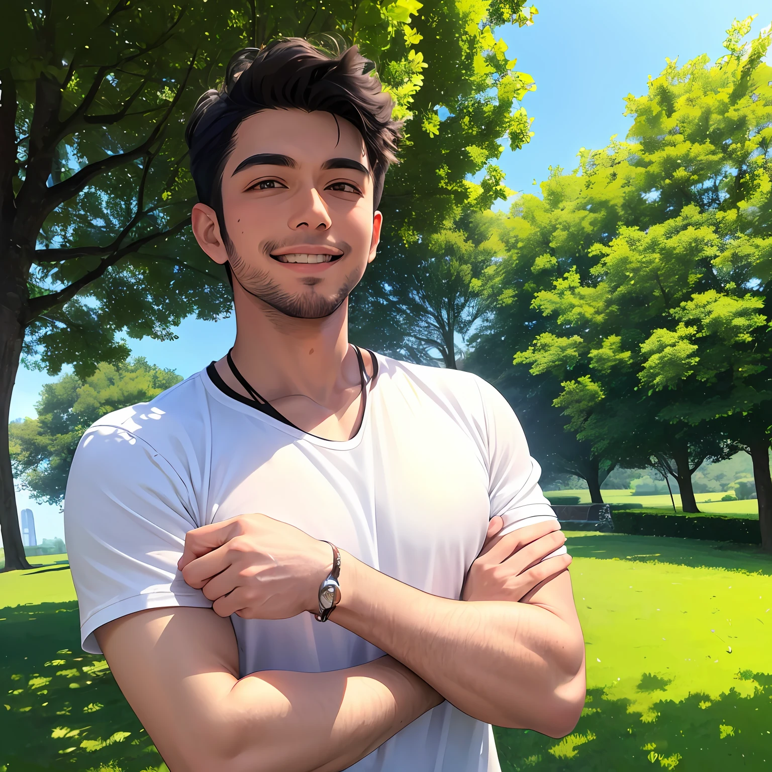 ((Best quality, masterpiece)), Handsom man, smiling ear-to-ear, surrounded by lush greenery and a crisp blue sky, basking in the sunshine of a perfect day. --auto