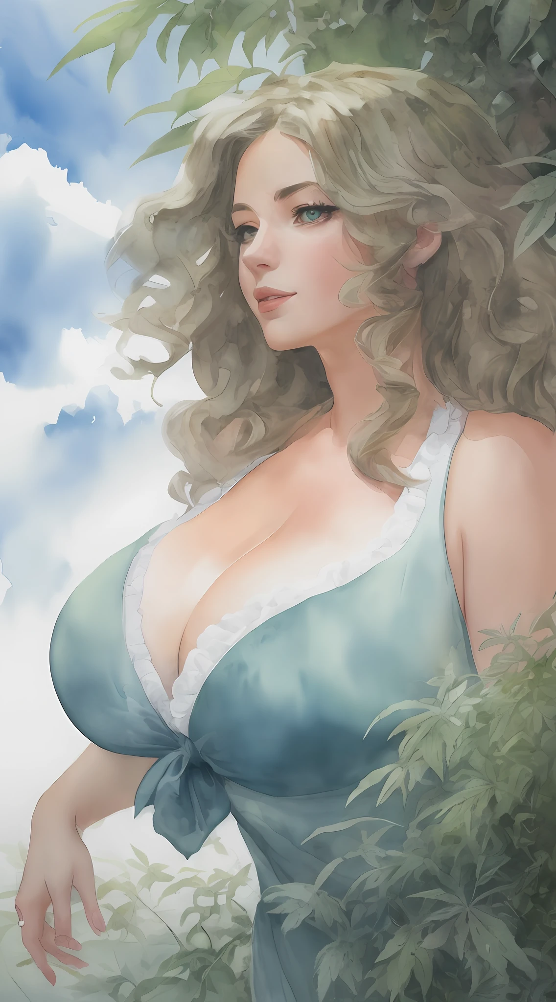 Cannabis Goddess, Oval cannabis leaf border (masterpiece illustration, best quality, watercolor effect:1.2), exquisite cannabis dryad,(1girl), green eyes, leafy cannabis hair adornment, cannabis features,(floating+dynamic pose+dynamic angle:1.2), detailed features, nature elements,clouds or mist,wavy hair, floating cannabis leaves, Voluptuous body, Curvy Body, Busty Body, Thick Body, Big Breast, Cleavage, Sexy, Exotics, Germany Background, German Girl, German Culture, German Art, German Goddess, German Traditional Dress