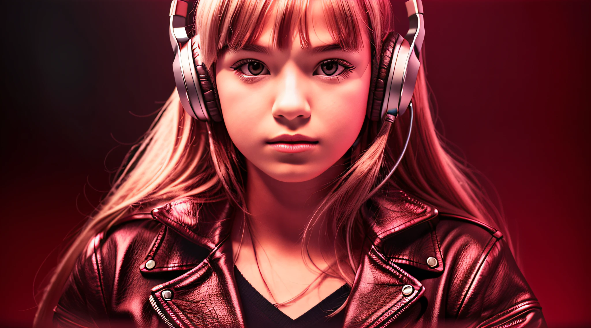 GIRL child 12 years old, RUSSIAN BLONDE long hair and headphones, portrait, SILVER LEATHER JACKET, VINYL AND CDS red background.