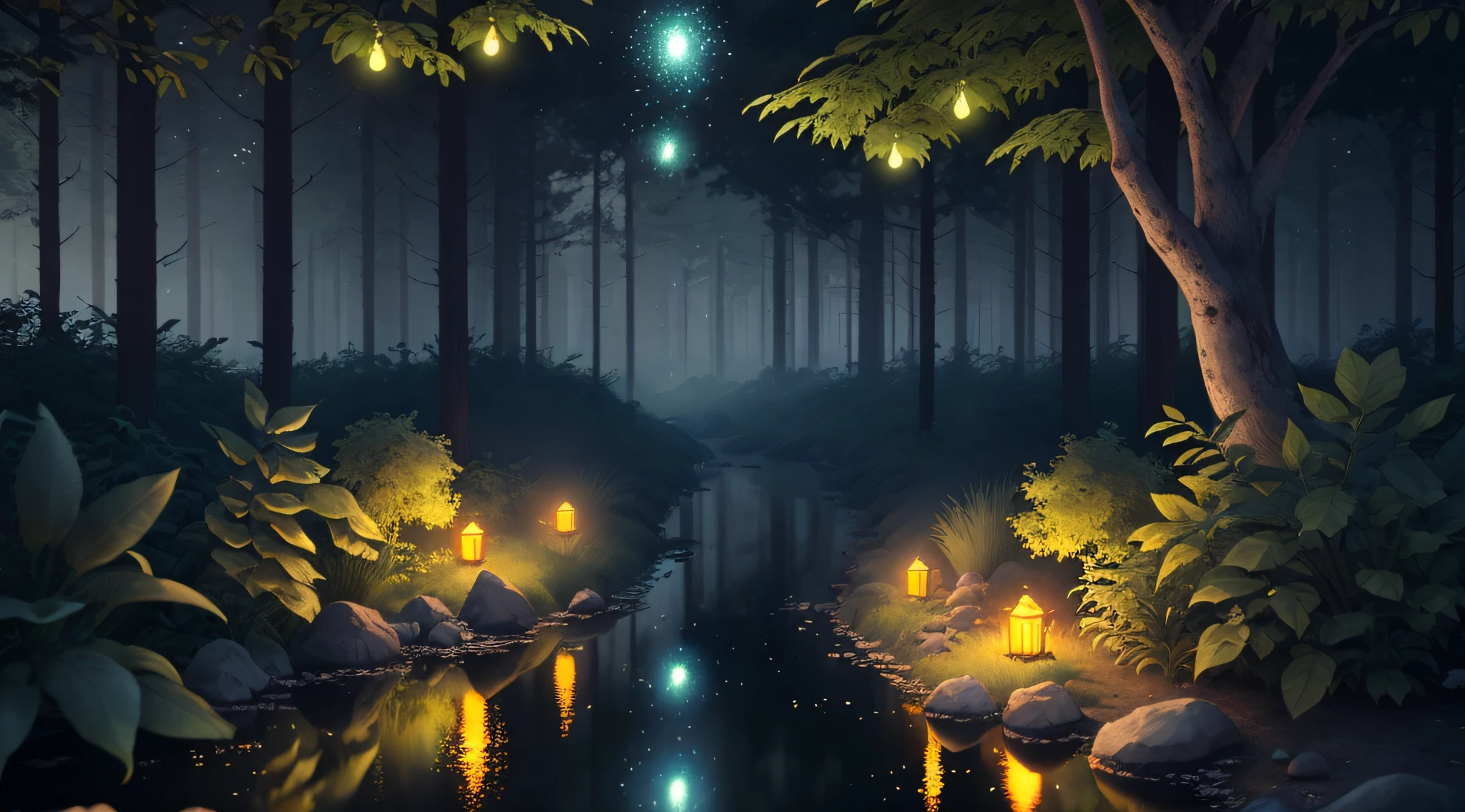 Masterpiece, best quality, (very detailed CG unity 8k wallpaper), (best quality), (best illustration), (best shadows), glow sprite, with a glowing deer, in the swimming pool Drinking water, natural elements in the forest theme. Mysterious forest, beautiful forest, nature, surrounded by flowers, delicate leaves and branches surrounded by fireflies (natural elements), (jungle theme), (leaves), (twigs), (fireflies), (particle effects) etc. 3D , Octane rendering, ray tracing, super detailed