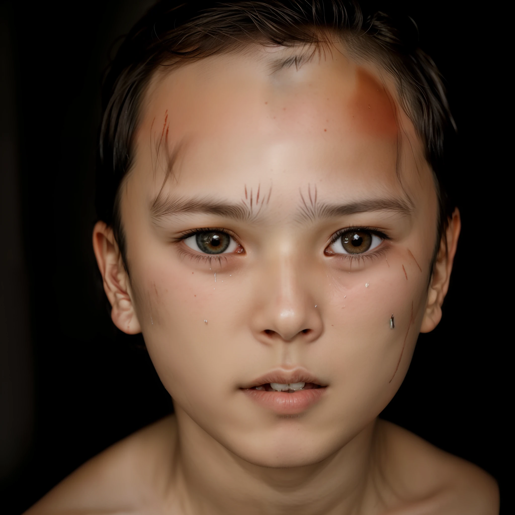 there is a young boy with a black shirt on looking at the camera, cleft chin, mildly scarred on his face, noticeable tear on the cheek, scar on the cheek, 2 , deformed face, scar across the nose, scar in one eye, lip scar, boy with neutral face, markings on his face, scar on face, scar across face