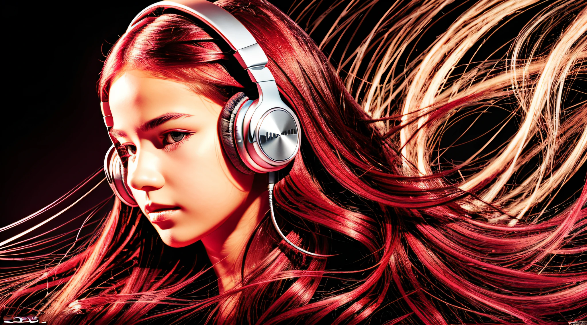 GIRL child 12 years old, RUSSIAN BLONDE long hair and headphones, portrait, SILVER LEATHER JACKET, VINYL AND CDS red background.