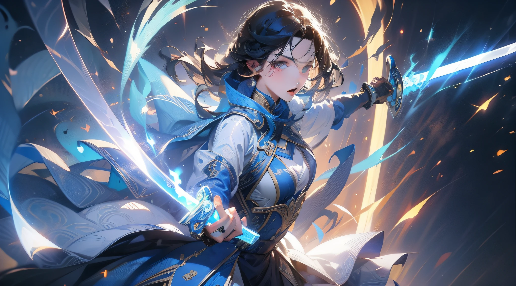 1womanl,2 blue longswords in the air