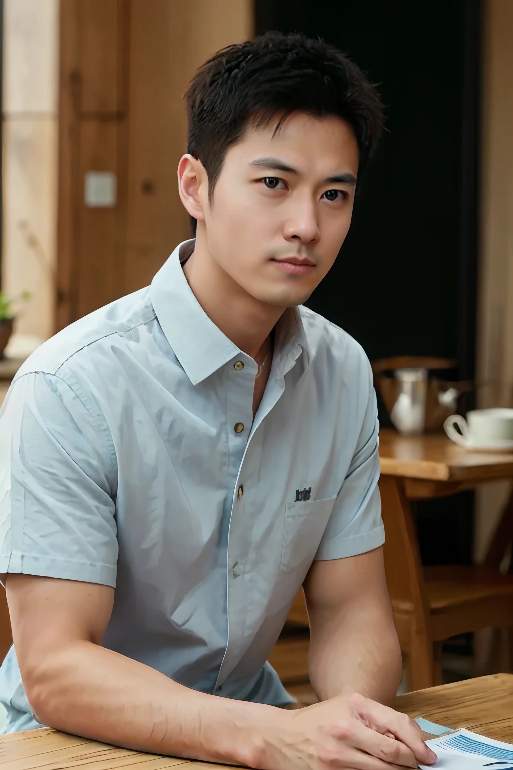 One Man、Japan actors、Meguro Ren、20 year old muscular man in long sleeve white shirt and tie and jacket、Upper body body、Soft lighting、​masterpiece、beste-Qualit、8k UHD、Digital SLR、film grains、Photorealistic pictorial art of Fujifilm XT3 by Midjourney and Greg Rutkowski、twinks、Long、Background with＝sunset