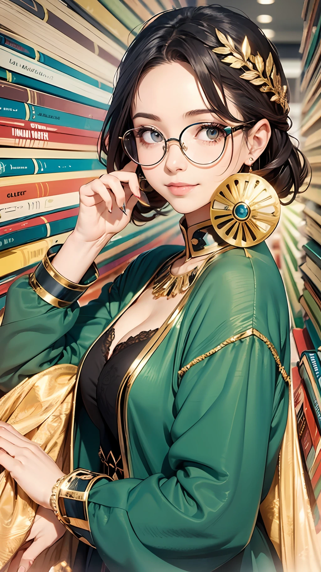 Uma mulher elegante, com roupas modernas, round glasses and quiet smile, cheio de paz, cabelo presos em um rabo de cavalo, sentada em uma biblioteca, no fim da tarde, fachos de luz iluminando a mulher. Muitos detalhes na roupa, brincos, golden rings on hands, unhas pintadas de vermelho. Use as cores branca, blue and light green in the composition