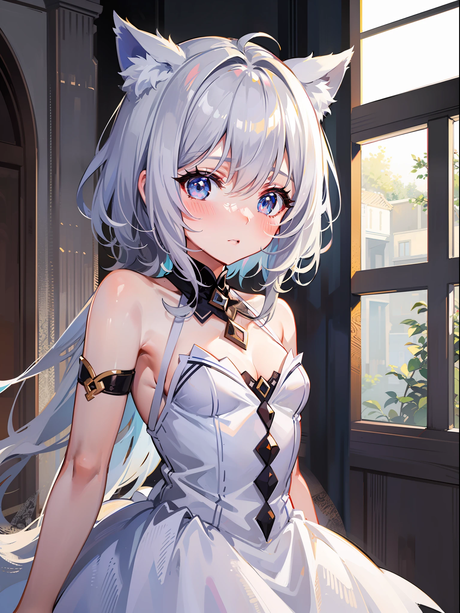 best quality, ultra precision, one girl, cute, little girl, young, boyish, childish, small breasts, silver hair, blue eyes, beautiful eyes, teen girl, she loves you, blush, beautiful skin, (princess), (white dress), cat ear, lovely