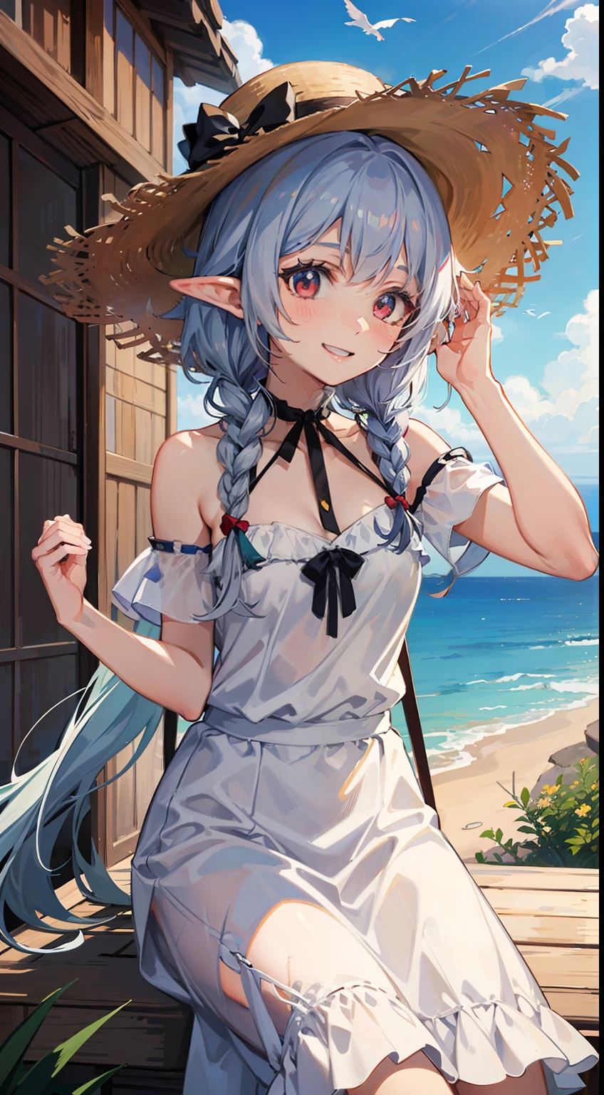 ((Put your hands on your hat)), ((Raise both hands)), ((Overlooking the sea)), 1 Close-up of a girl, elvish, has silver hair, Red Eyes, bob cuts, Braided hair, summer dress, White Dress, Camisole, long skirt, frilld, a straw fedora hat, Laughing, A smile, Seaside city, concept-art, beautiful anime scene, Beautiful anime scenery, beste-Qualit, masterpiece