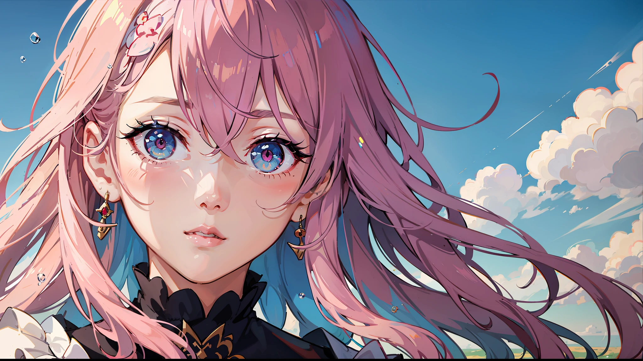 ((Realistic style)), (1girl:1.2), [shrine maiden:0.9 | Non-traditional witches:1.1], with pink hair, [purpl eyes:1.1], [light particules:1.2 | llight rays:1.1], Wallpapers，Close-up。