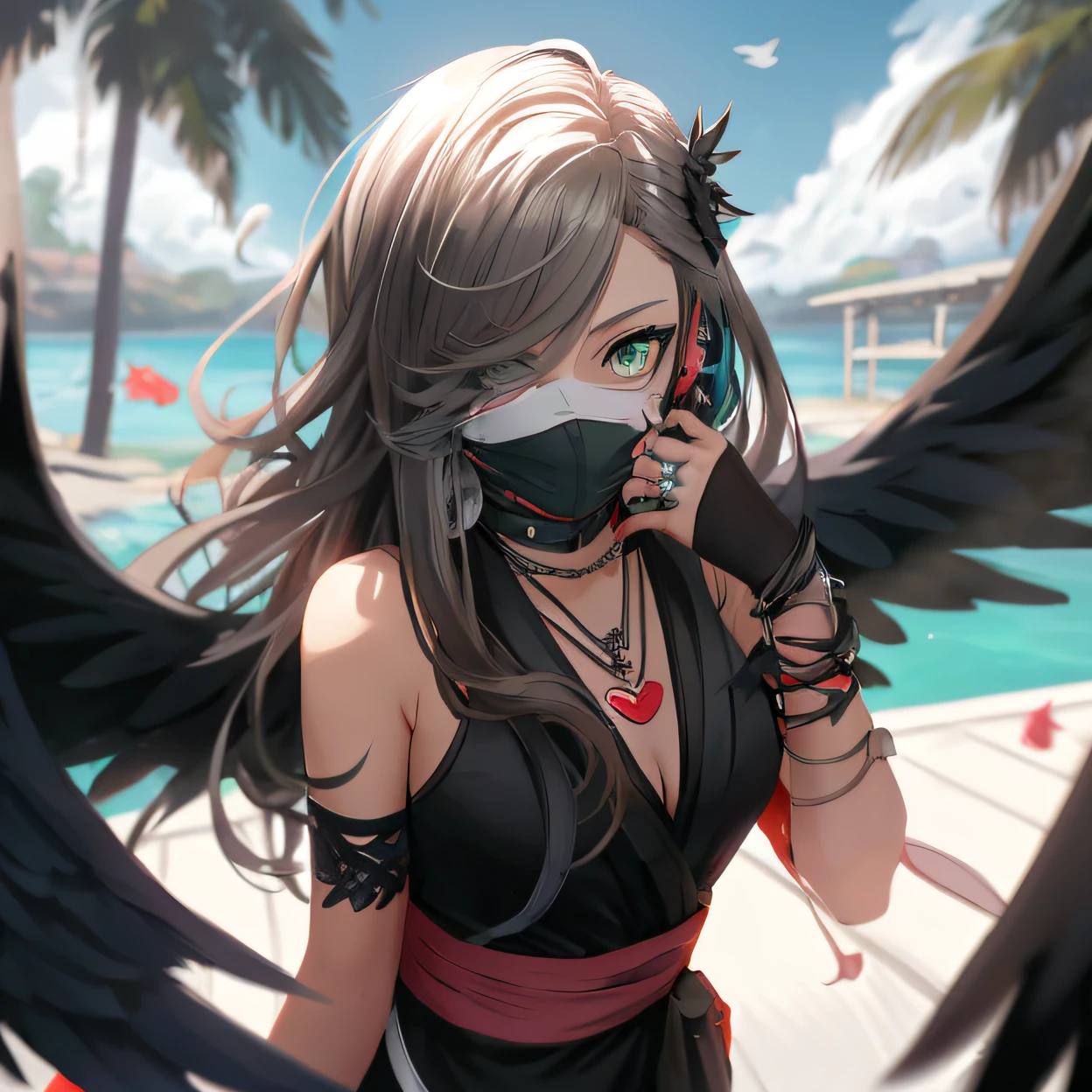 anime girl with black wings and a mask on her face, Green eyes、Long black straight hair、anime style 4 k, Very detailed ArtGerm, dark feathered wings, Anime art wallpaper 8k, badass anime 8 K, anime girl wearing a black dress, from girls frontline, ArtGerm on ArtStation Pixiv, Detailed Digital Anime Art, villainess has black angel wings、Everlasting summer sea in the background