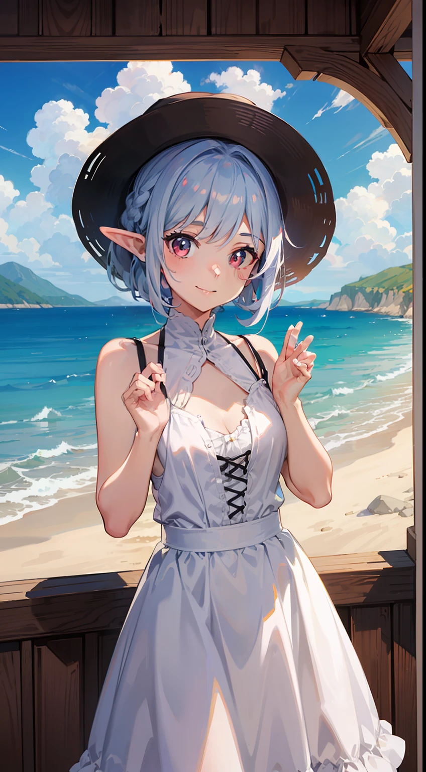 ((Put your hands on your hat)), ((Raise both hands)), ((Overlooking the sea)), 1 Close-up of a girl, elvish, has silver hair, Red Eyes, bob cuts, Braided hair, summer dress, White Dress, Camisole, long skirt, frilld, a straw fedora hat, Laughing, A smile, Seaside city, concept-art, beautiful anime scene, Beautiful anime scenery, beste-Qualit, masterpiece