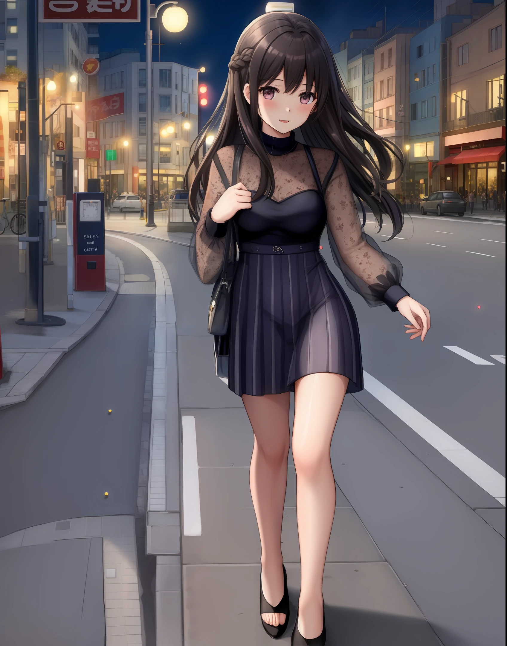 ((Best quality, 8k, Masterpiece :1.3)), full bodyesbian, Long legs, focal: 1.2, Beautiful Women in Perfect Figure:1.4, Slender abs:1.1, ((Dark brown hair, hugetits:1.2)) , (bareness, Happy emoji, standingn:1.2), ((city night scene, terrazzo:1.3)), The facial and skin texture is very detailed, eye detailed, 双眼皮