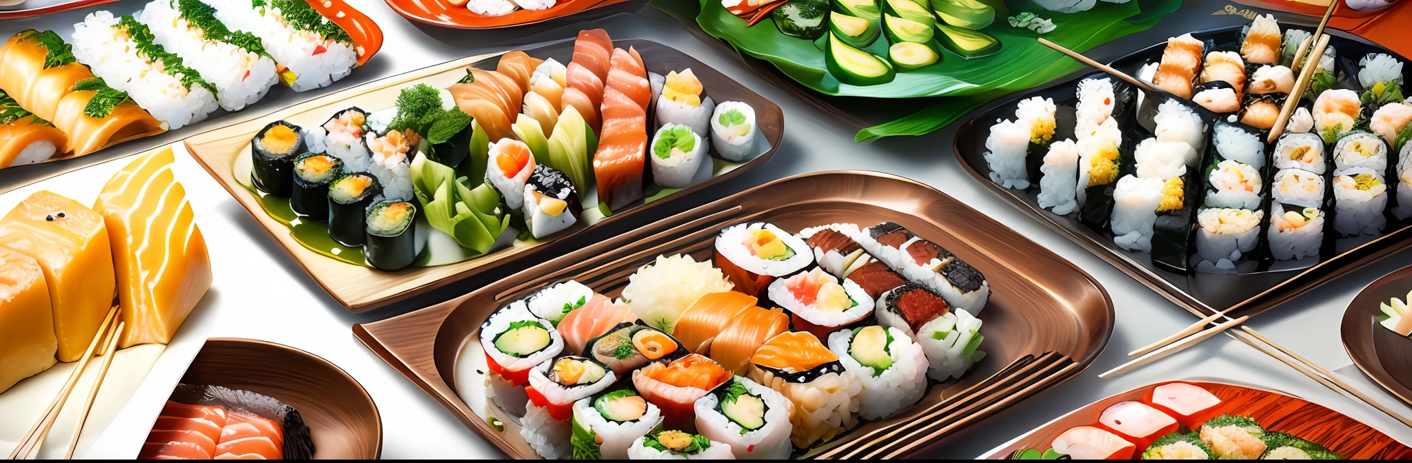 A grove of sushi and Chinese food are on display at a buffet, foto publicitaria 4k,