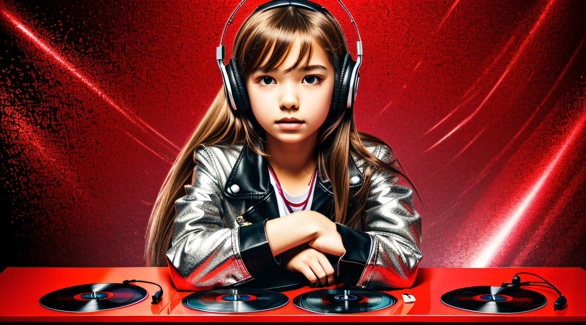 GIRL child , RUSSIAN BLONDE long hair and headphones, portrait, SILVER LEATHER JACKET, VINYL AND CDS red background.