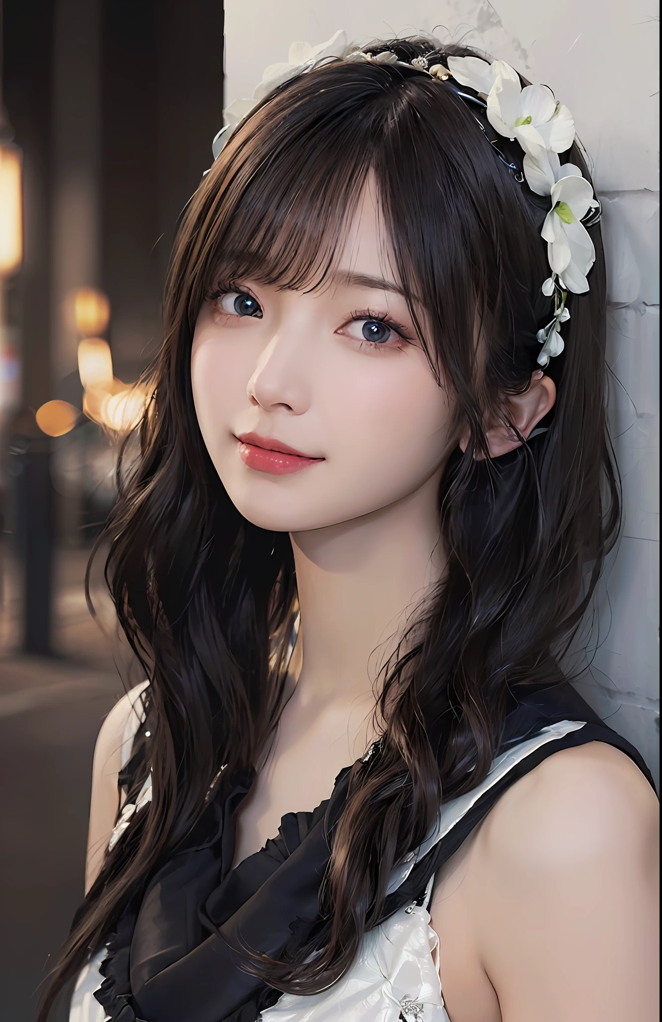 (ultra realisitic)、(illutst)、(Hi-Def)、(8K)、(Heavily detailed)、(Best Illustration)、(beautifully detailed eyes)、(最好质量)、(ultra hyper-detailed)、(masterpiece)、(wall paper)、(detailed faces)、独奏、a 1 girl、lookind at viewer、fine detailed、detailed faces、in the darkness nigth、deep-shadows、lowkey、pureerosfaceace_v1、a smile、Long、Black shawl straight hair、46-point diagonal bangs、flowercrown、夏天