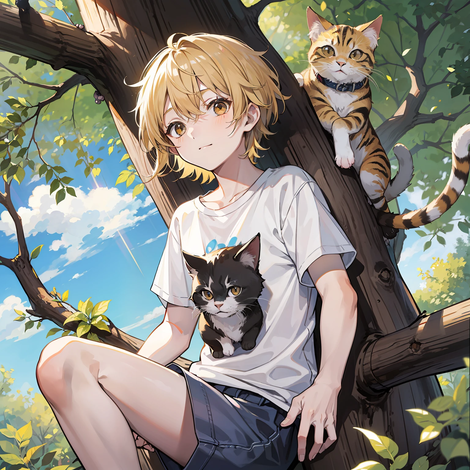 12 year old boy(Relaxed、sun beam、Kind),Short blonde hair,Light brown eyes,White T-shirt,Climbing a tree,There are cats in the trees,tmasterpiece,high high quality