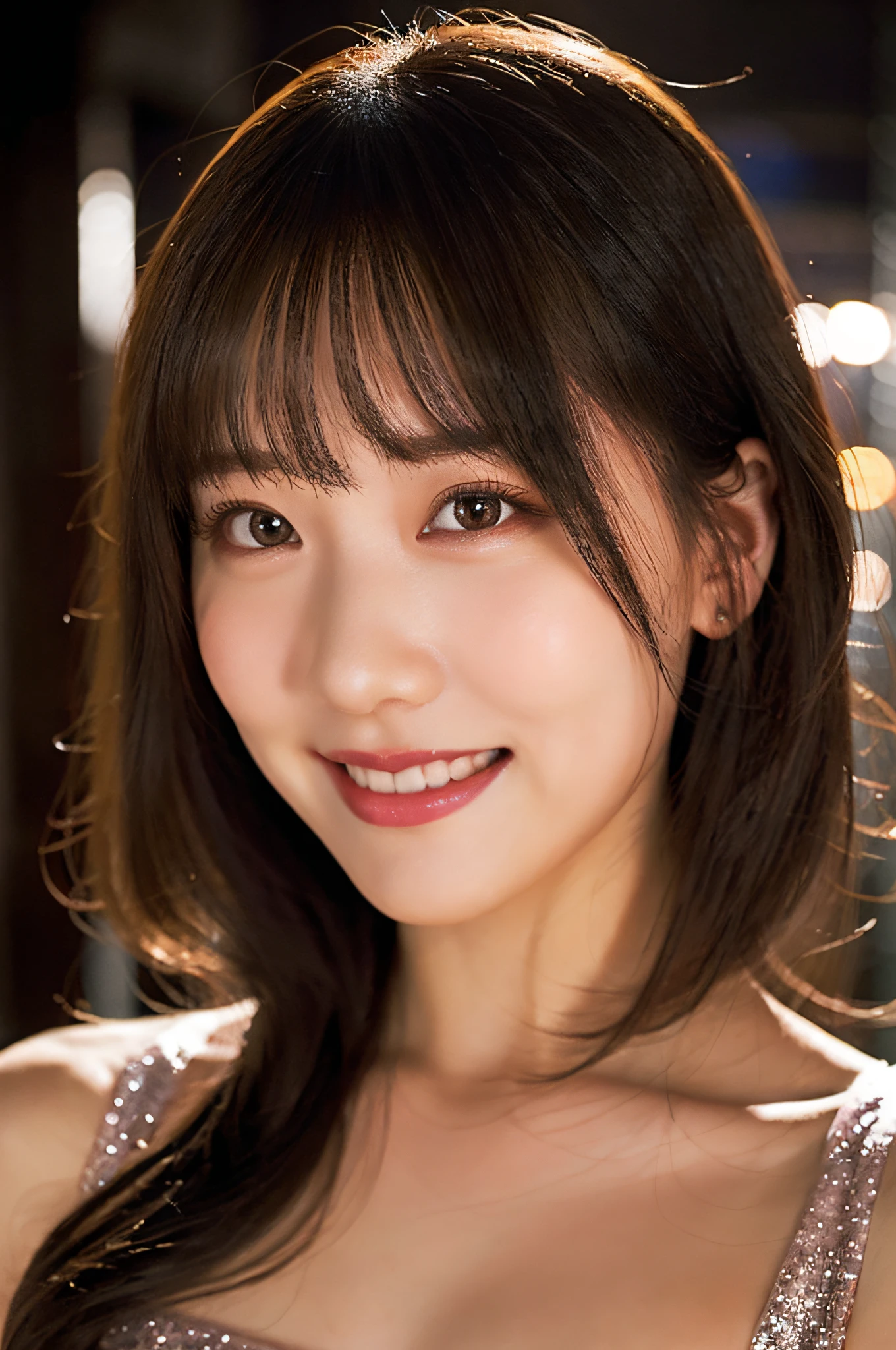 (wearing a glittery dress),(RAW photo, best quality), (realistic, photo-realistic:1.4), masterpiece, an extremely delicate and beautiful, extremely detailed, 2k wallpaper, Amazing, finely detail, extremely detailed CG unity 8k wallpaper, ultra-detailed, highres, soft light, beautiful detailed girl, extremely detailed eyes and face, beautiful detailed nose, beautiful detailed eyes,cinematic lighting,city lights at night,perfect anatomy,slender body,smiling