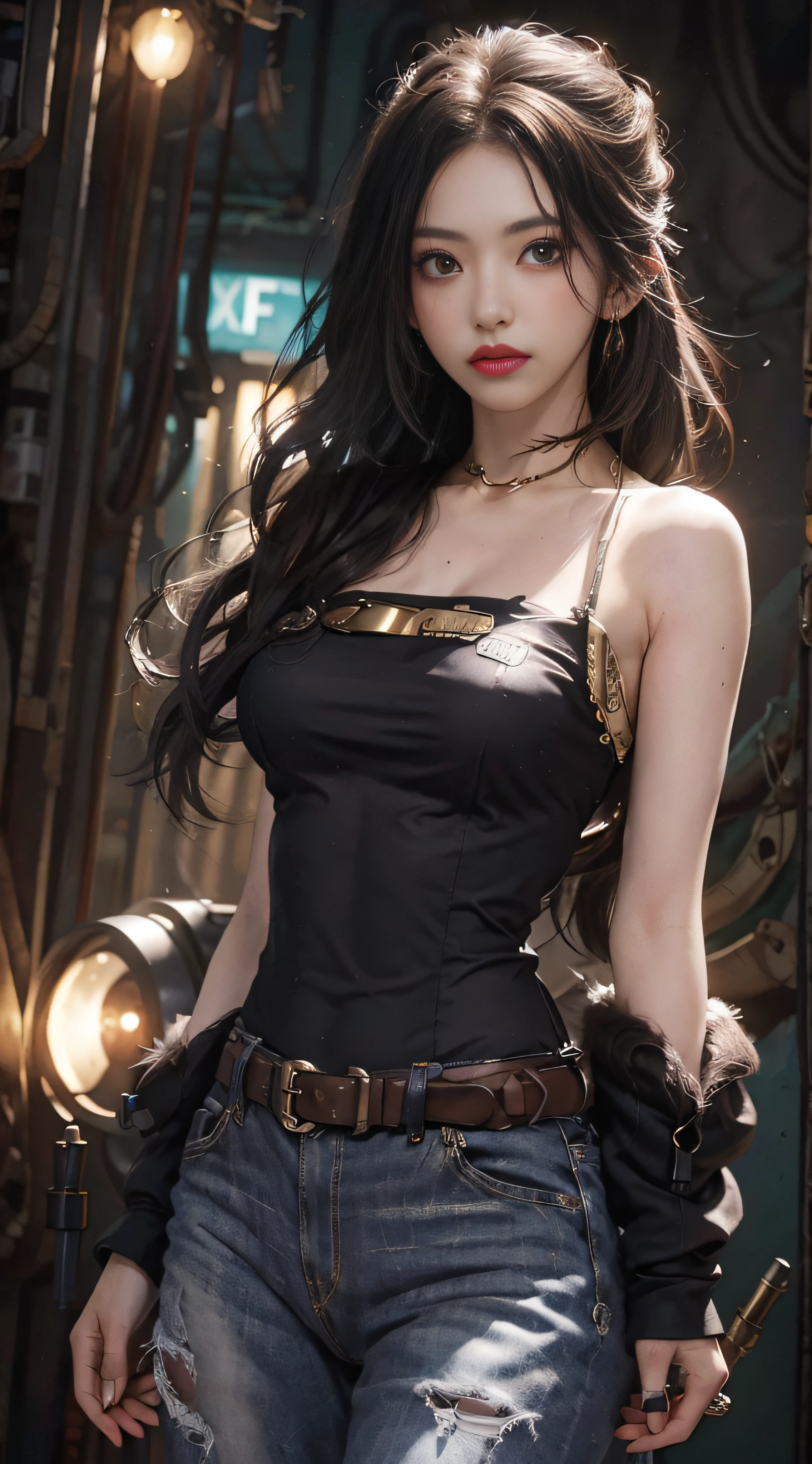 (1girl:1.3), looking at the spectator, (steampunk suit, Maven, Nature's sagging breasts, cleavage, marked cameltoe, toned, Round face, Olive skin, black har, blue eyed, Wide nose, full pouty lips, Receding chin, length hair, straight-hair, Wavy updo, soft breasts, Threader earrings, golden colors, Matte lipstick, Dystopian steampunk metropolis),